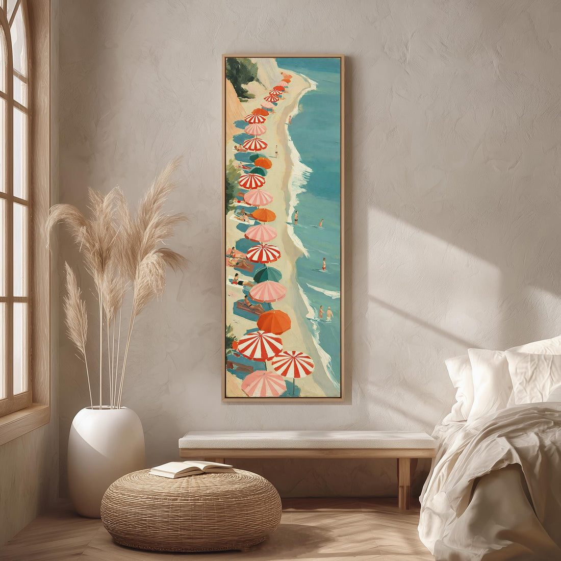 Rows of beach umbrellas from above long vertical canvas print in a sunlit living space