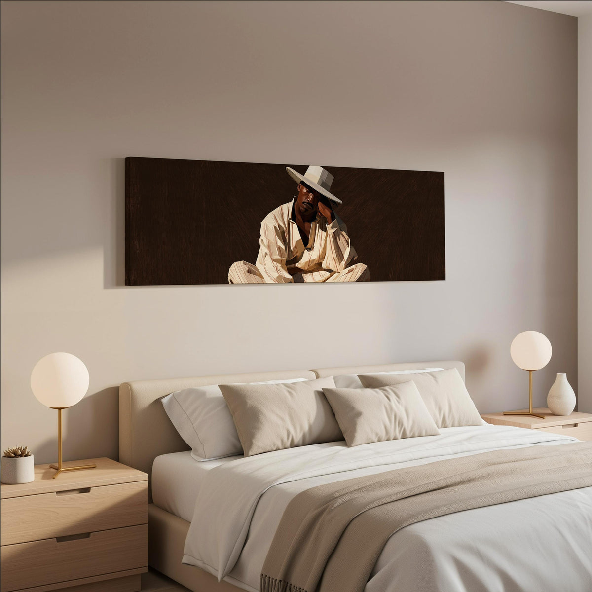 Pensive man in a white hat on brown wide panoramic canvas print above a bed in a neutral bedroom