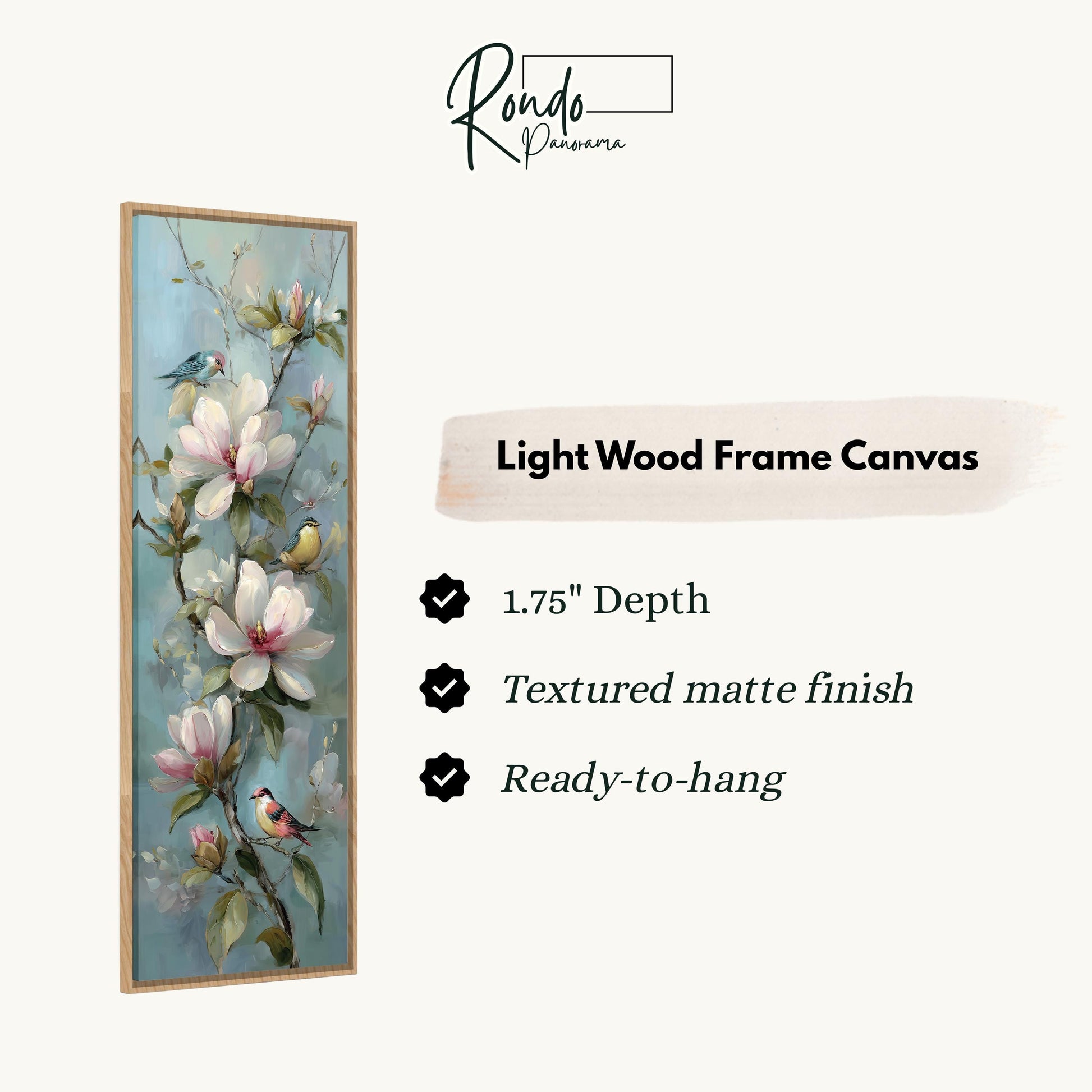 The image is a light wood frame canvas featuring a painting of white flowers with green leaves and birds.