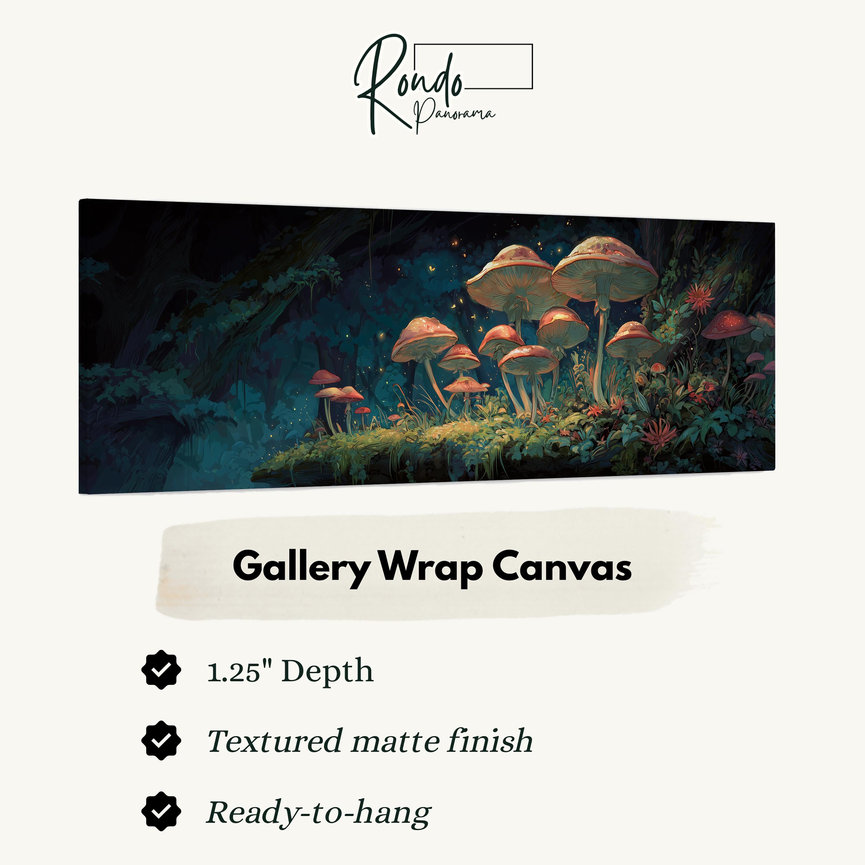 The image is a painting of mushrooms in a forest setting, with a text overlay providing information about the artwork.