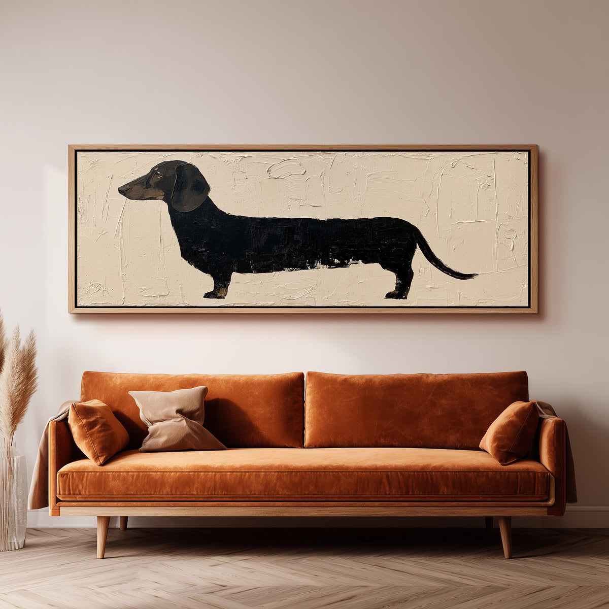 Black dachshund silhouette panoramic canvas print above a sofa in a living room
