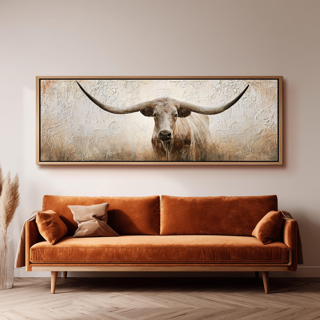 Shaggy longhorn on a textured cream background long horizontal canvas print above a sofa in a living room