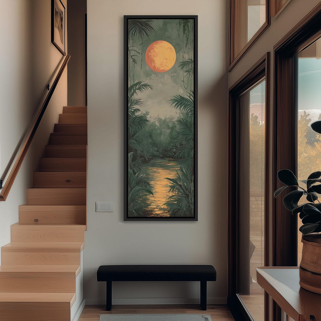 a large framed painting of a tropical landscape with a large orange sun in the sky, surrounded by lush greenery and a winding river.