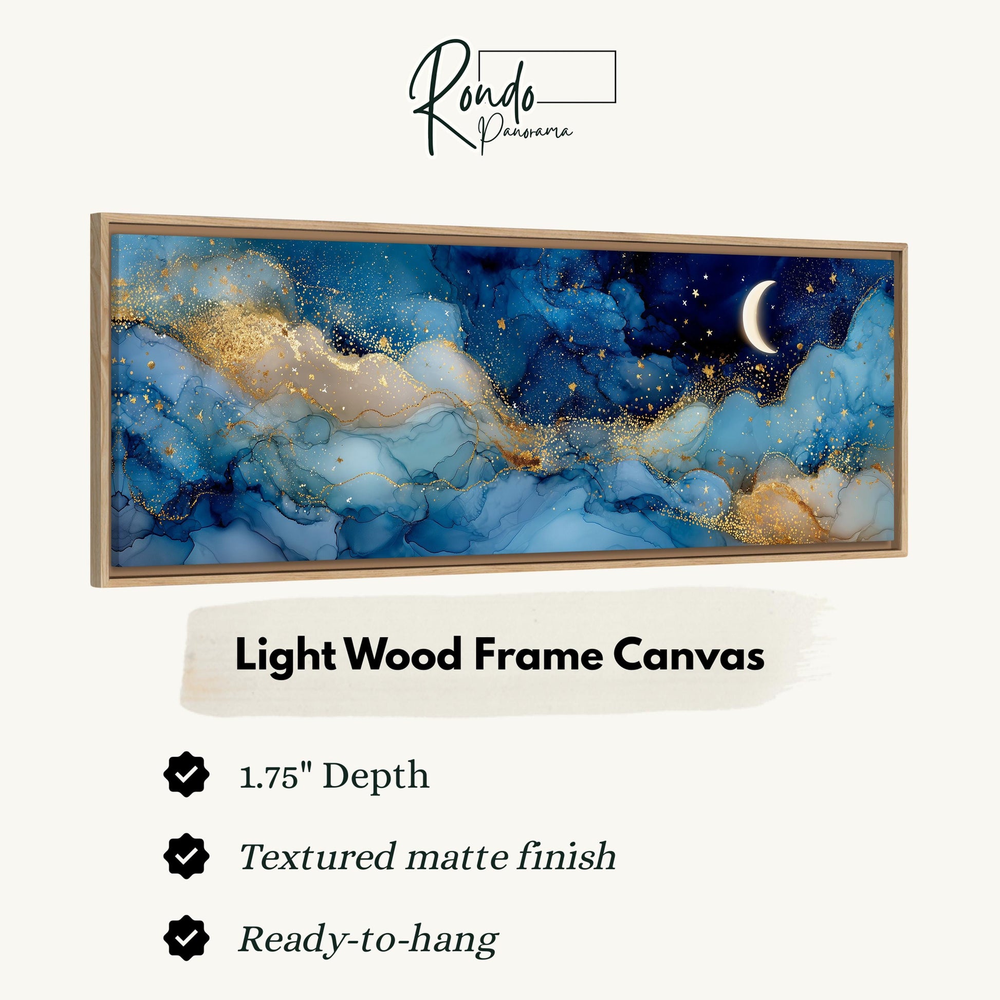 The image is a framed canvas depicting a night sky with a crescent moon and stars.
