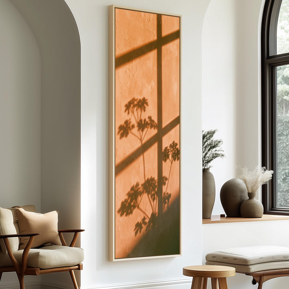 Leaf and window shadow on a terracotta wall long vertical canvas print in a sunlit living space