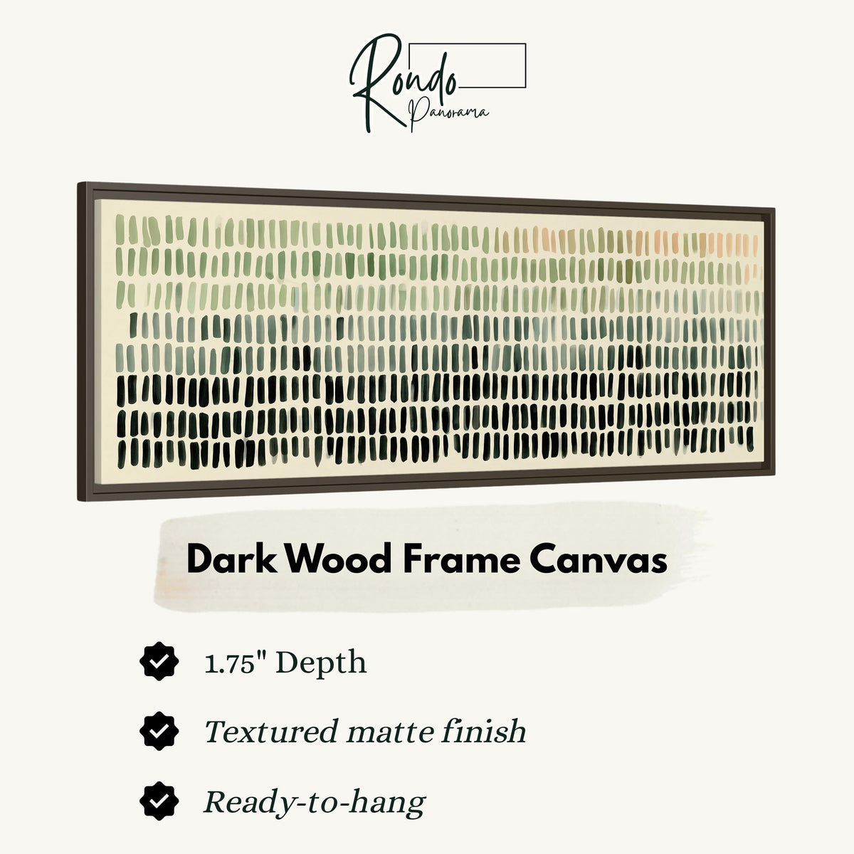 Brushmark dashes fading from sage to charcoal canvas print in a dark wood floating frame