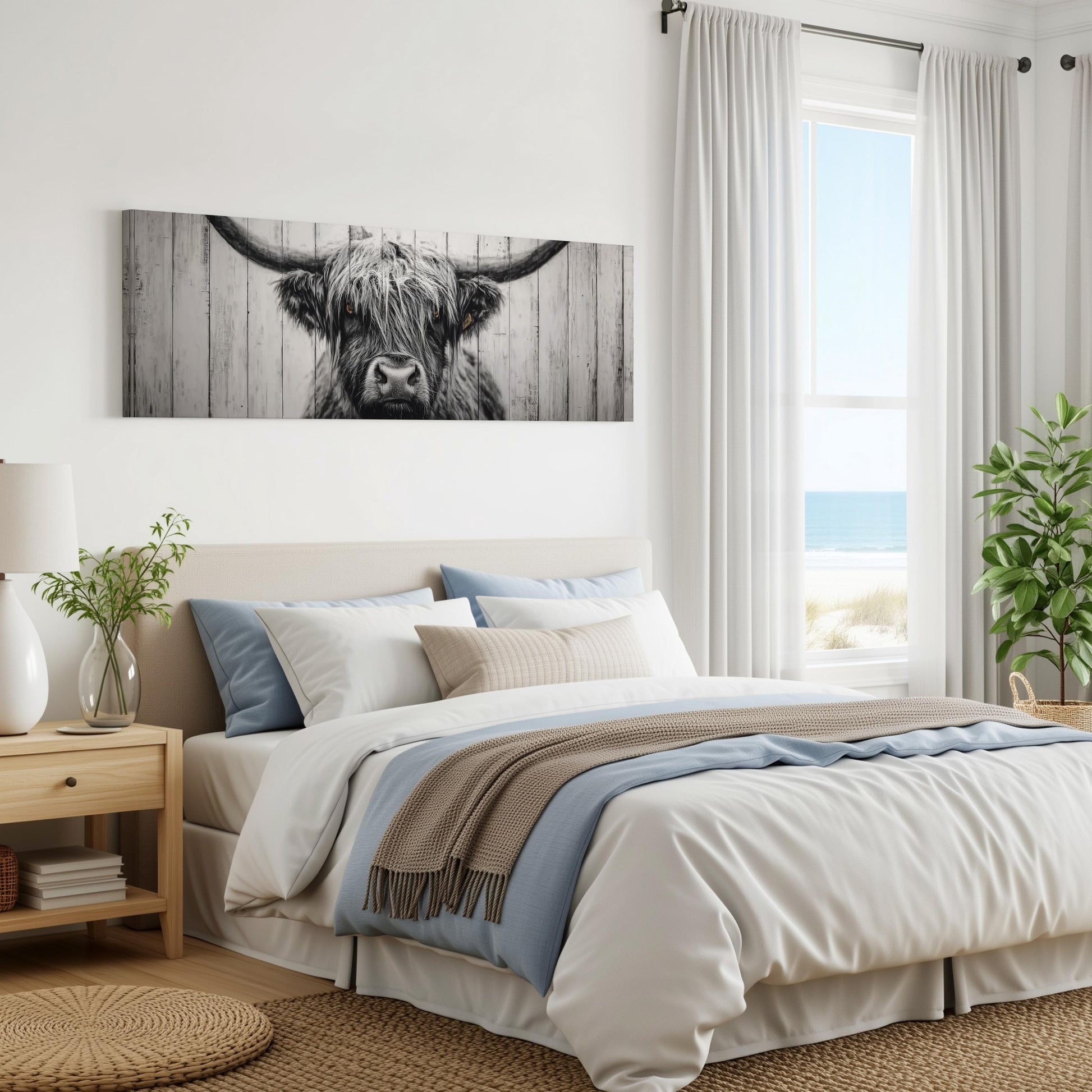 a bedroom with a large bed, a wooden headboard, and a framed image of a cow's head on the wall. The room has a coastal view through a window, and there are some plants and a vase on the nightstands.
