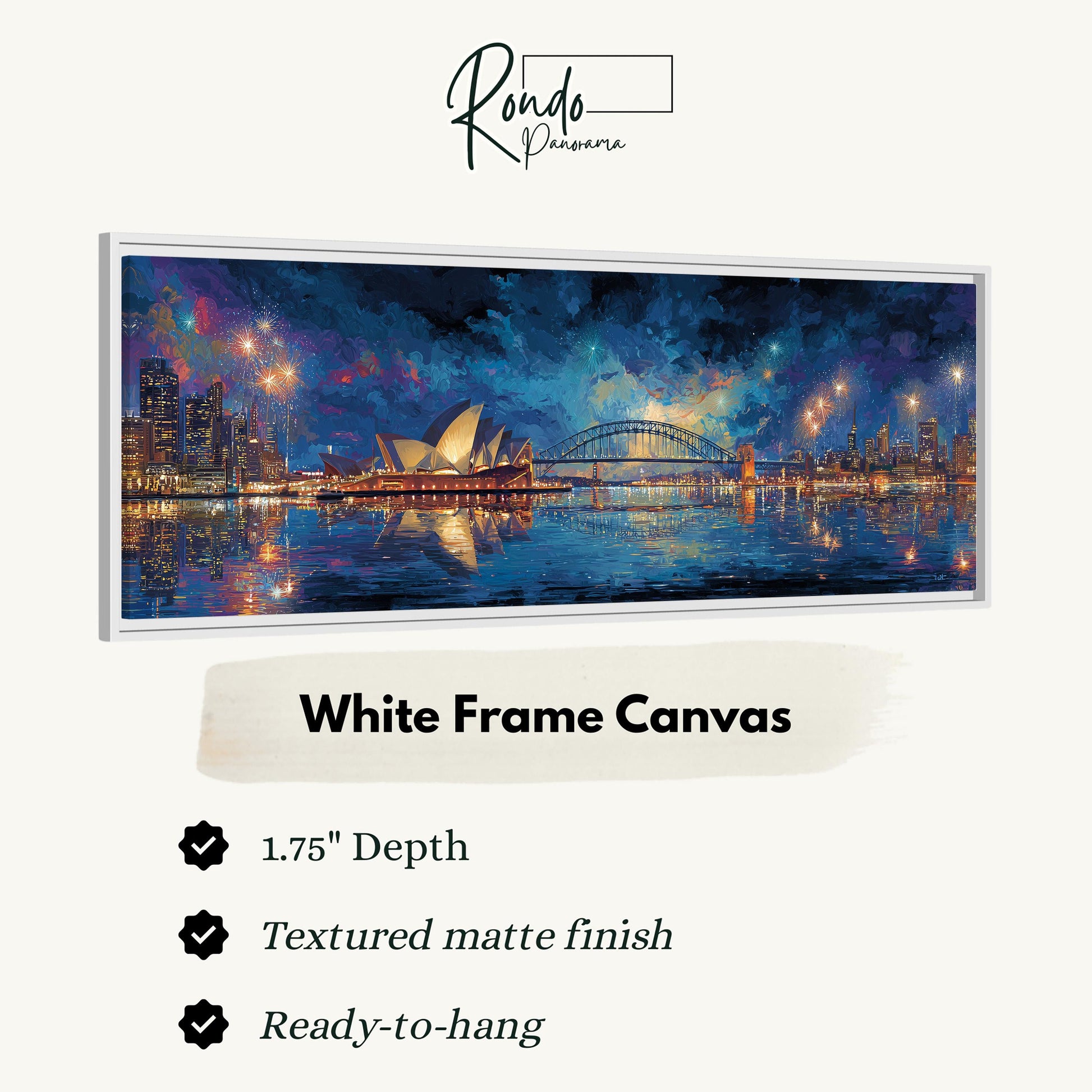 The image is a white frame canvas depicting a nighttime cityscape with a large bridge and a body of water reflecting the city lights.