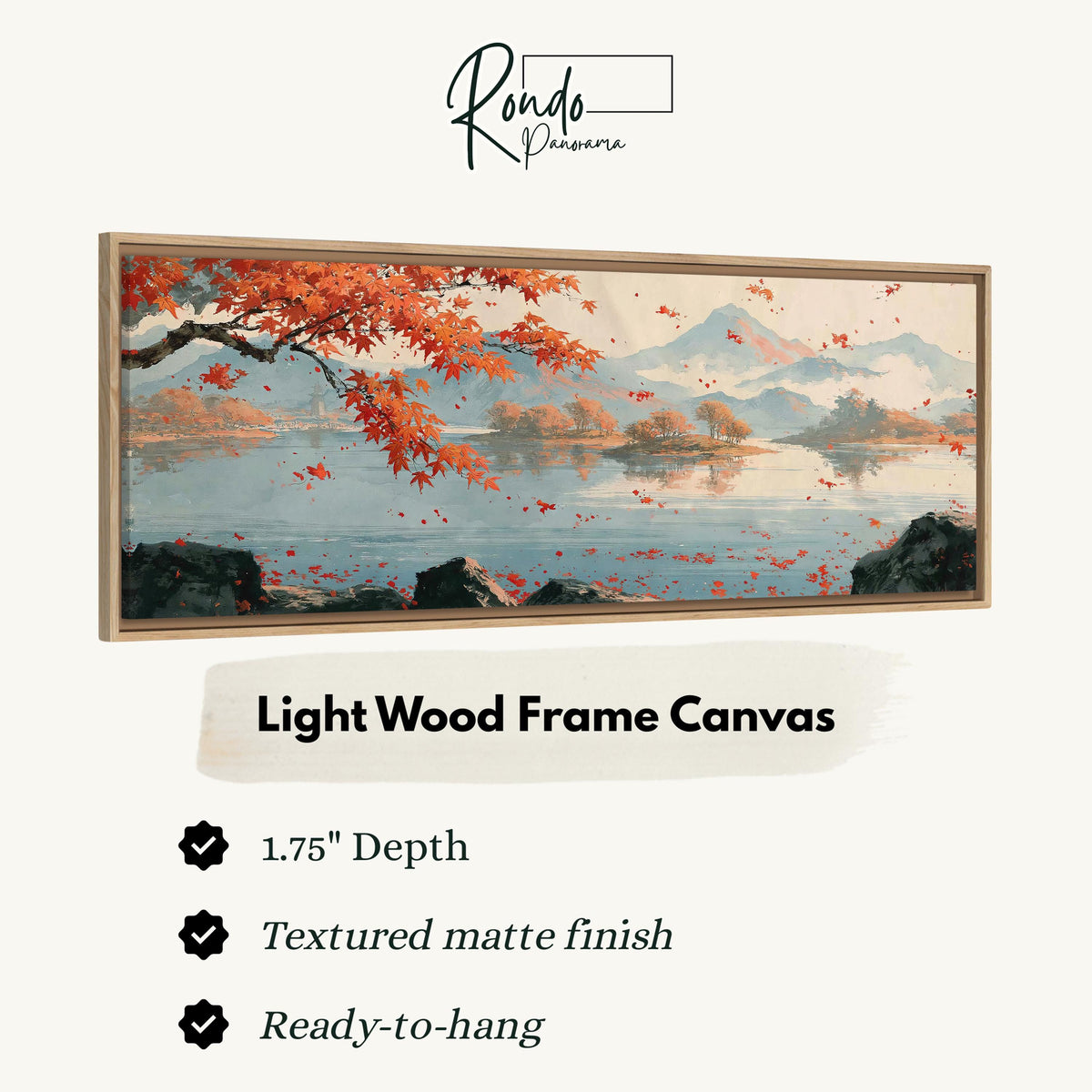Japanese maple over a misty lake canvas print in a light wood floating frame