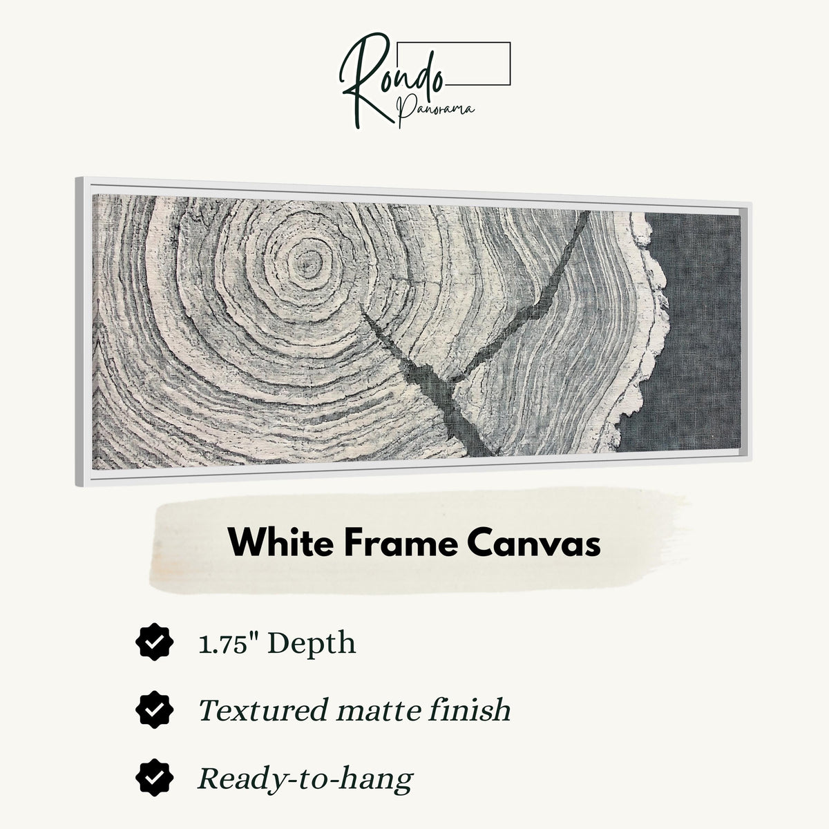 Grey tree ring on linen texture canvas print in a white floating frame