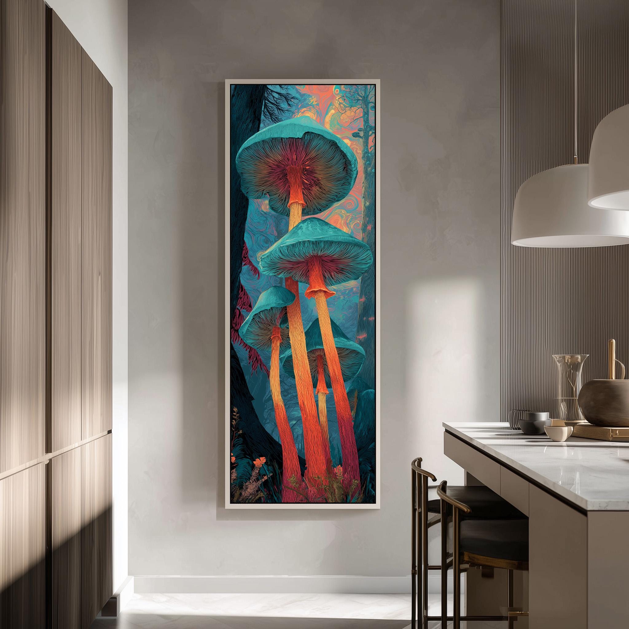 a large, colorful painting of mushrooms hanging on a wall in a modern kitchen.