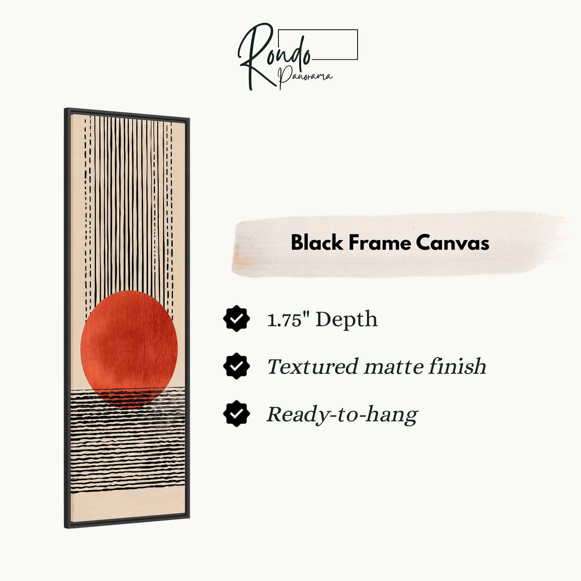 The image is a black frame canvas with a striking abstract design featuring a red circle and black lines.
