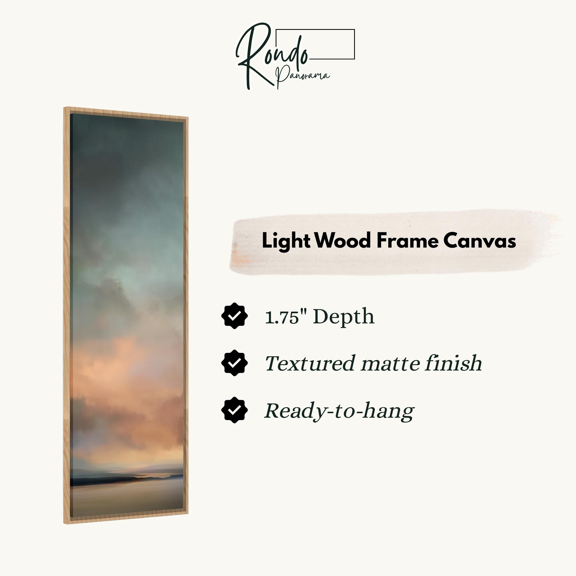 The image is a product description for a light wood frame canvas. It features a painting of a sunset over a body of water, with a 1.75" depth and a textured matte finish. The canvas is ready to hang.