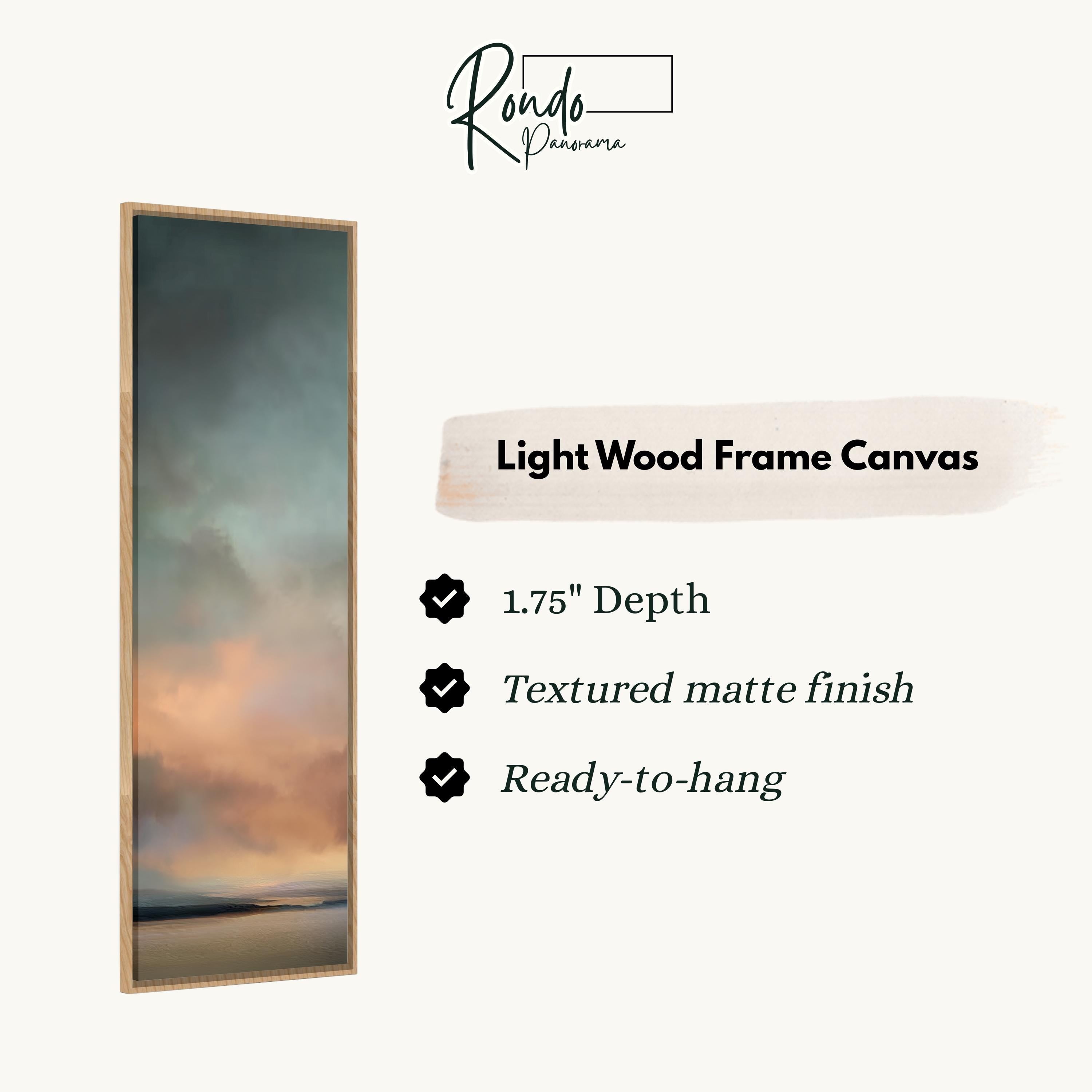 The image is a product description for a light wood frame canvas. It features a painting of a sunset over a body of water, with a 1.75" depth and a textured matte finish. The canvas is ready to hang.