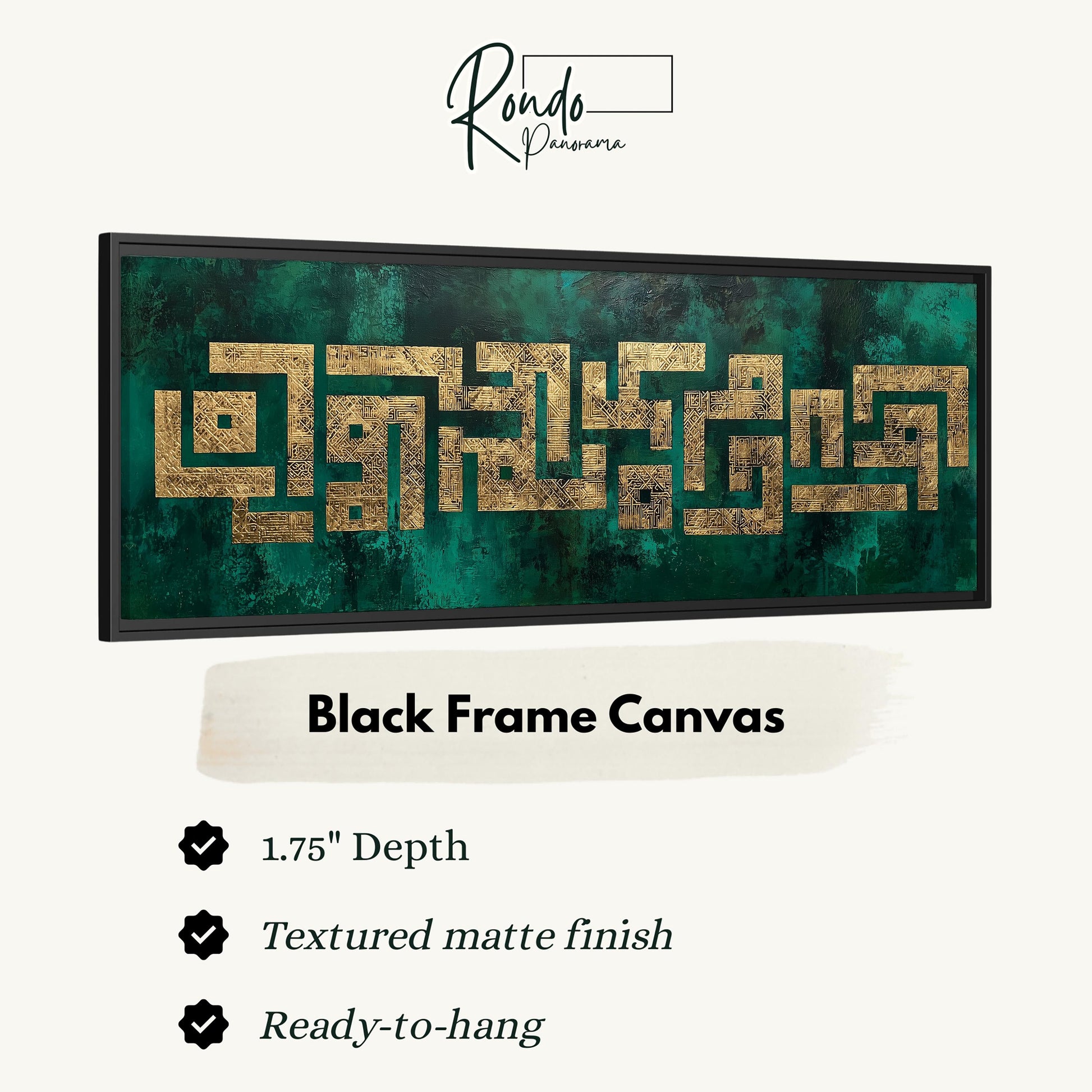 a black frame canvas with a textured matte finish and a 1.75" depth. The canvas is ready to hang.