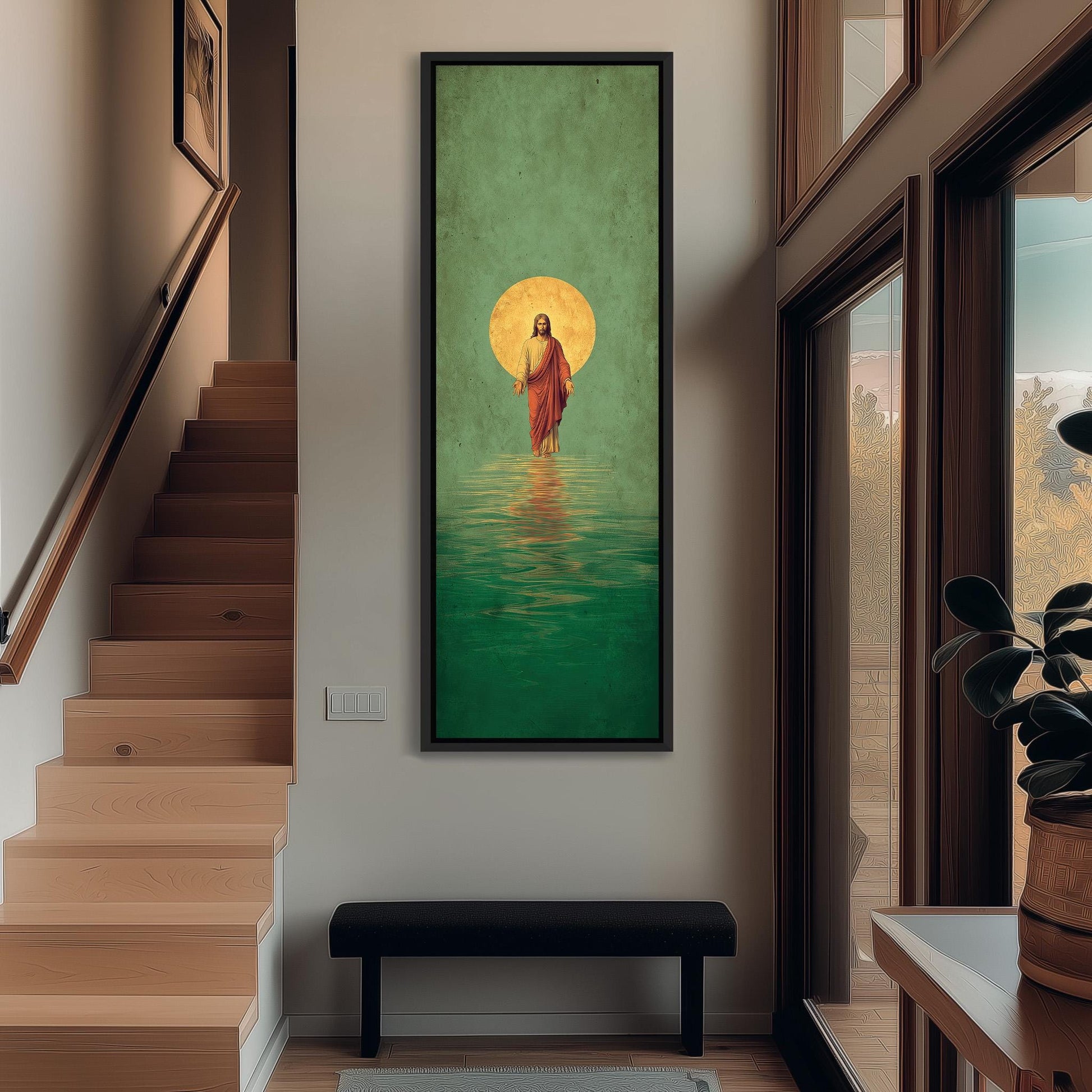 a large painting of Jesus Christ in the water, hanging on the wall of a room with a wooden staircase and a bench.