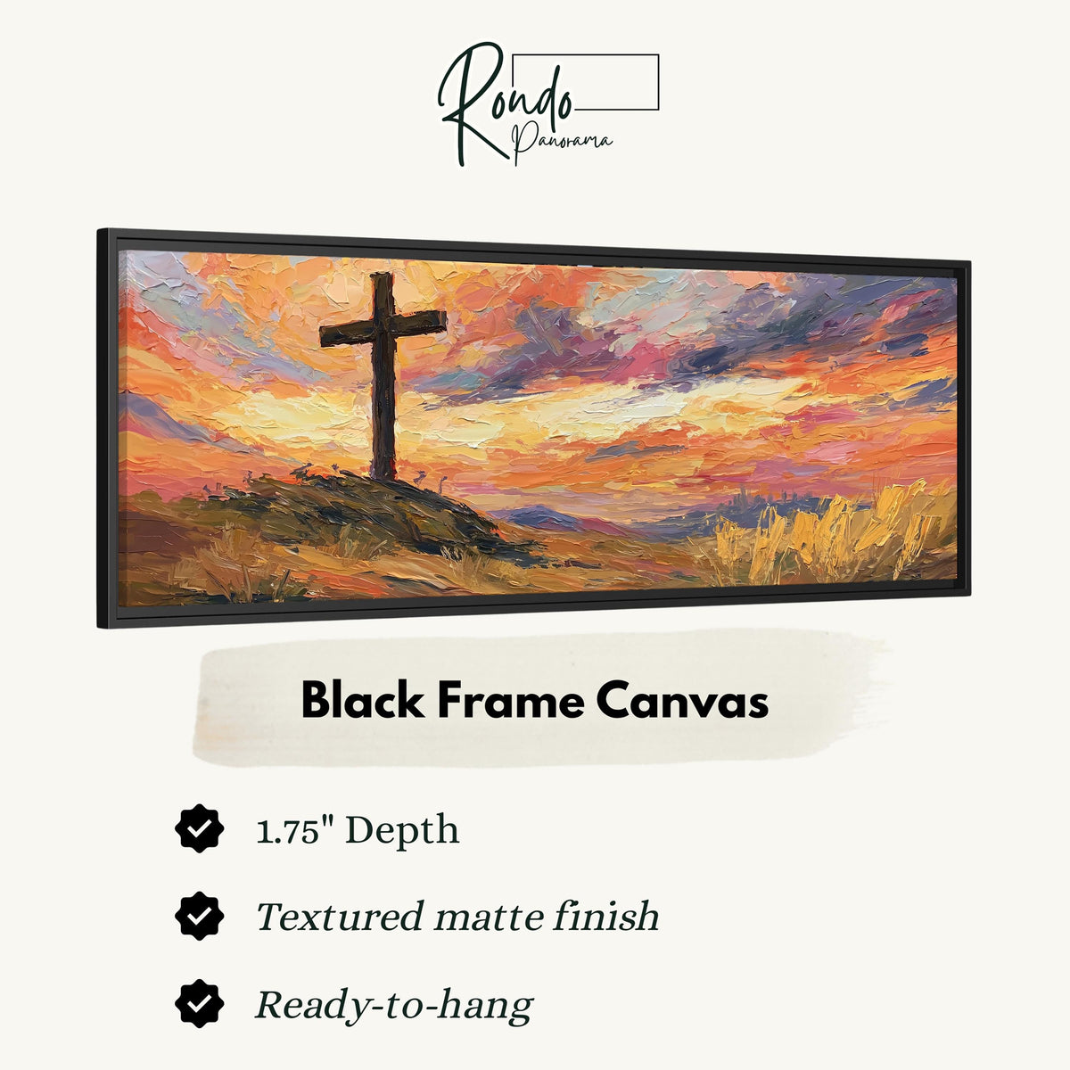 Cross on a hill at sunset canvas print in a black floating frame