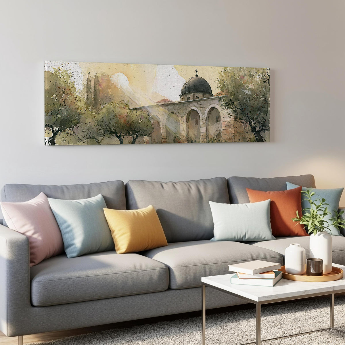 Domed mosque courtyard in watercolor panoramic canvas print above a grey sofa in a living room