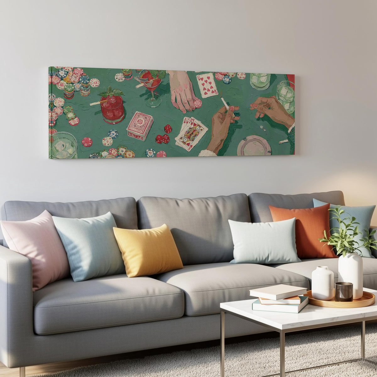 Vintage card game on green felt panoramic canvas print above a grey sofa in a living room