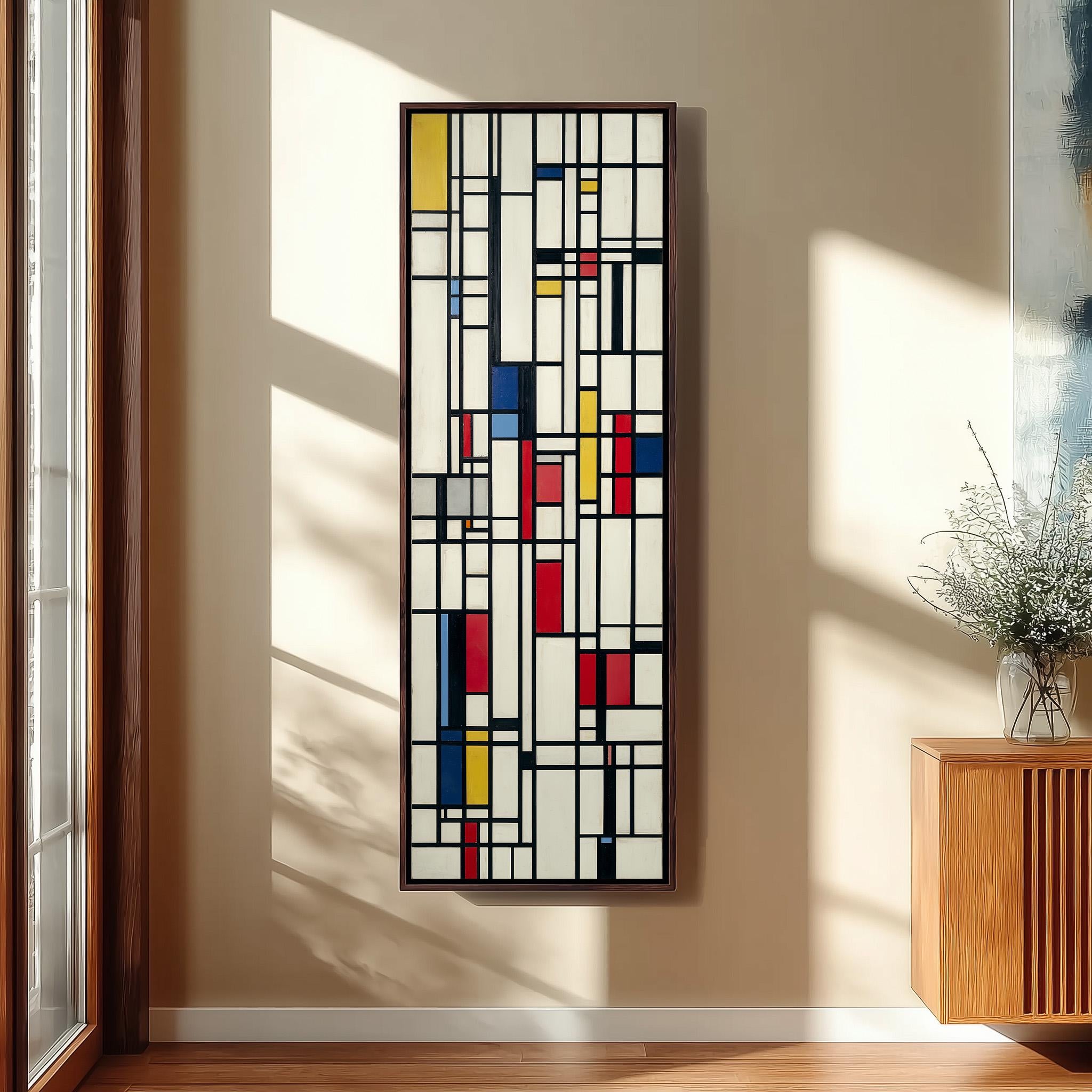 a large abstract painting hanging on a wall, with a wooden cabinet and a vase of flowers to the right of the painting.