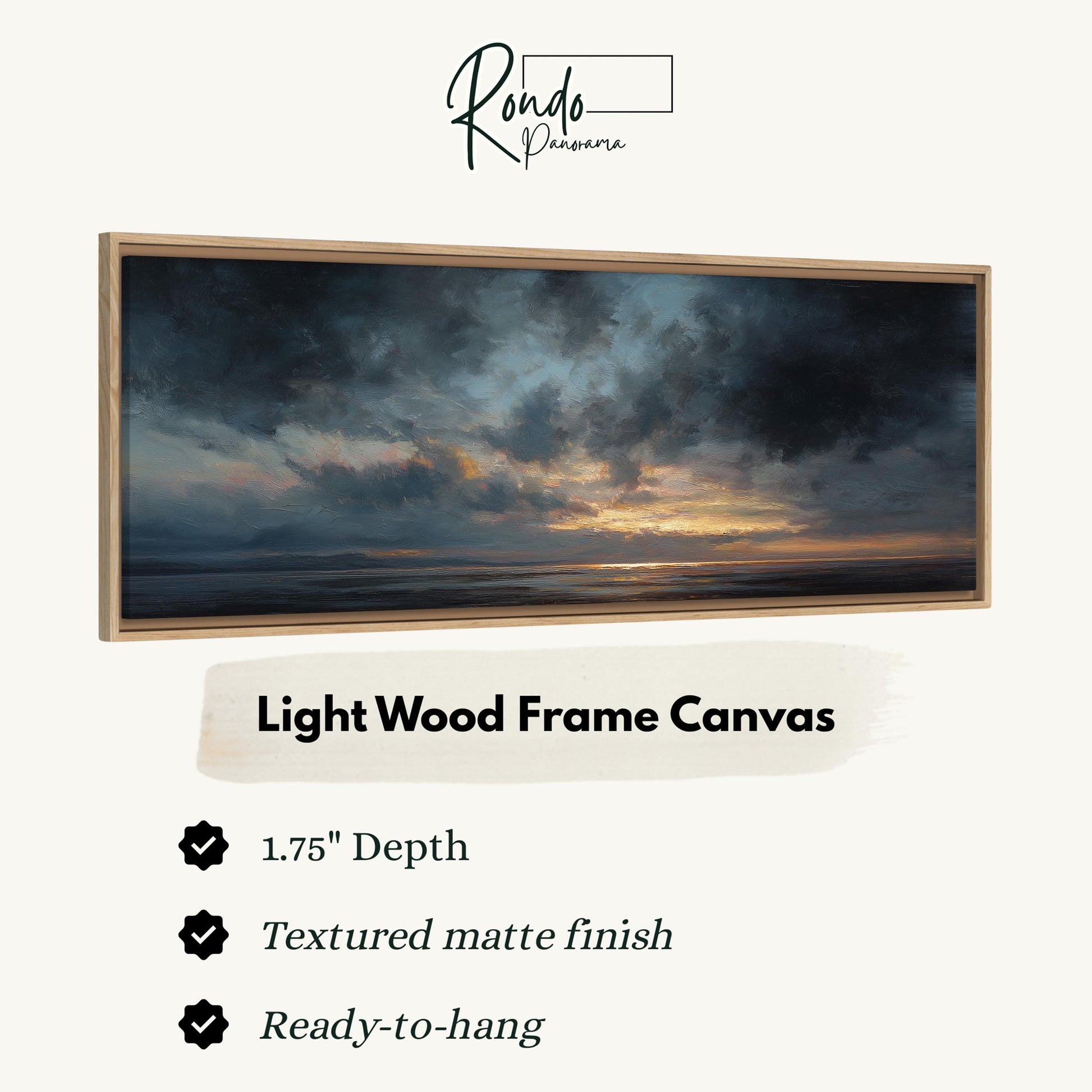 The image is a framed artwork depicting a serene landscape with a sunset over the ocean.