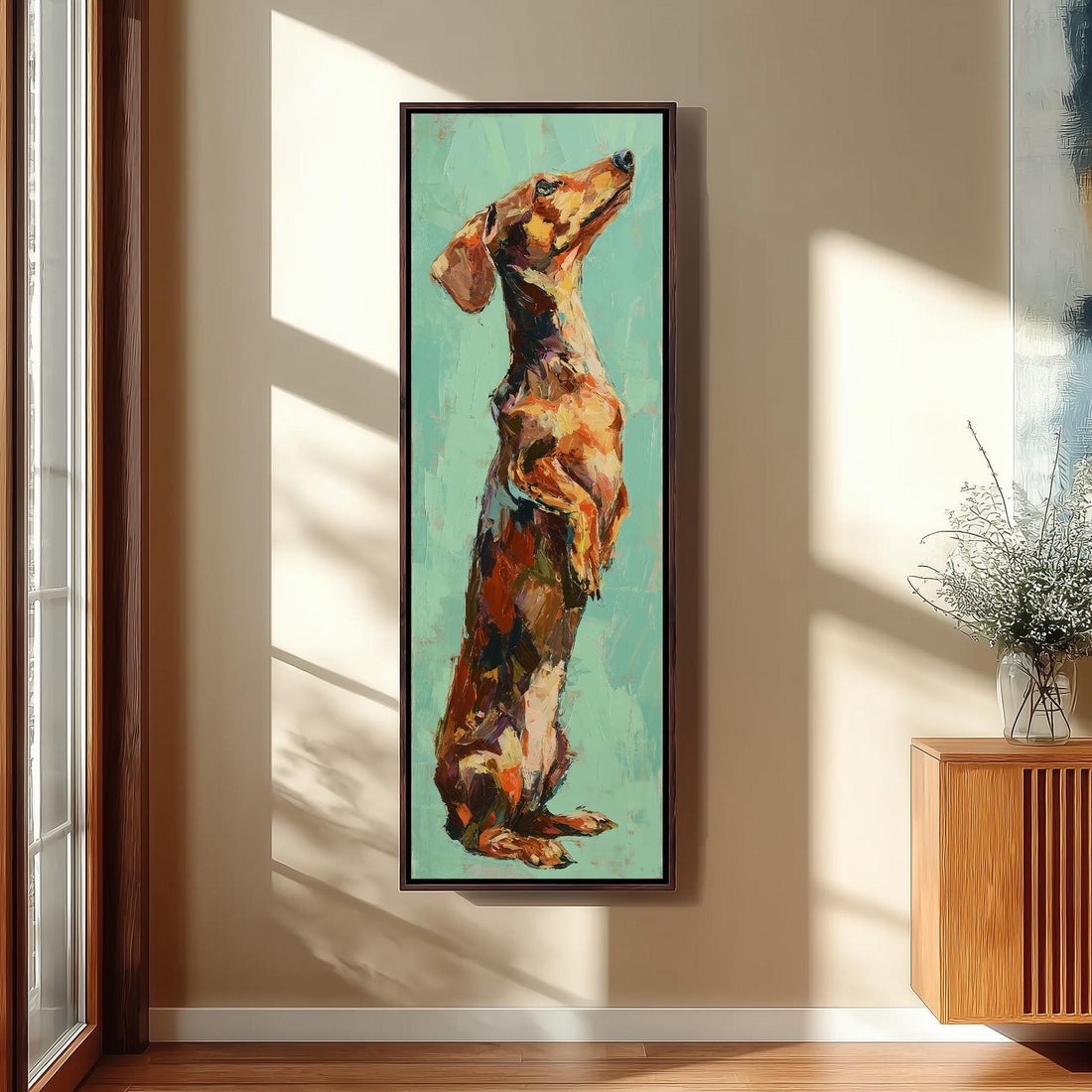 a large painting of a dachshund dog, which is hanging on the wall in a hallway. The painting is surrounded by a wooden staircase and a bench, creating a cozy and inviting atmosphere.