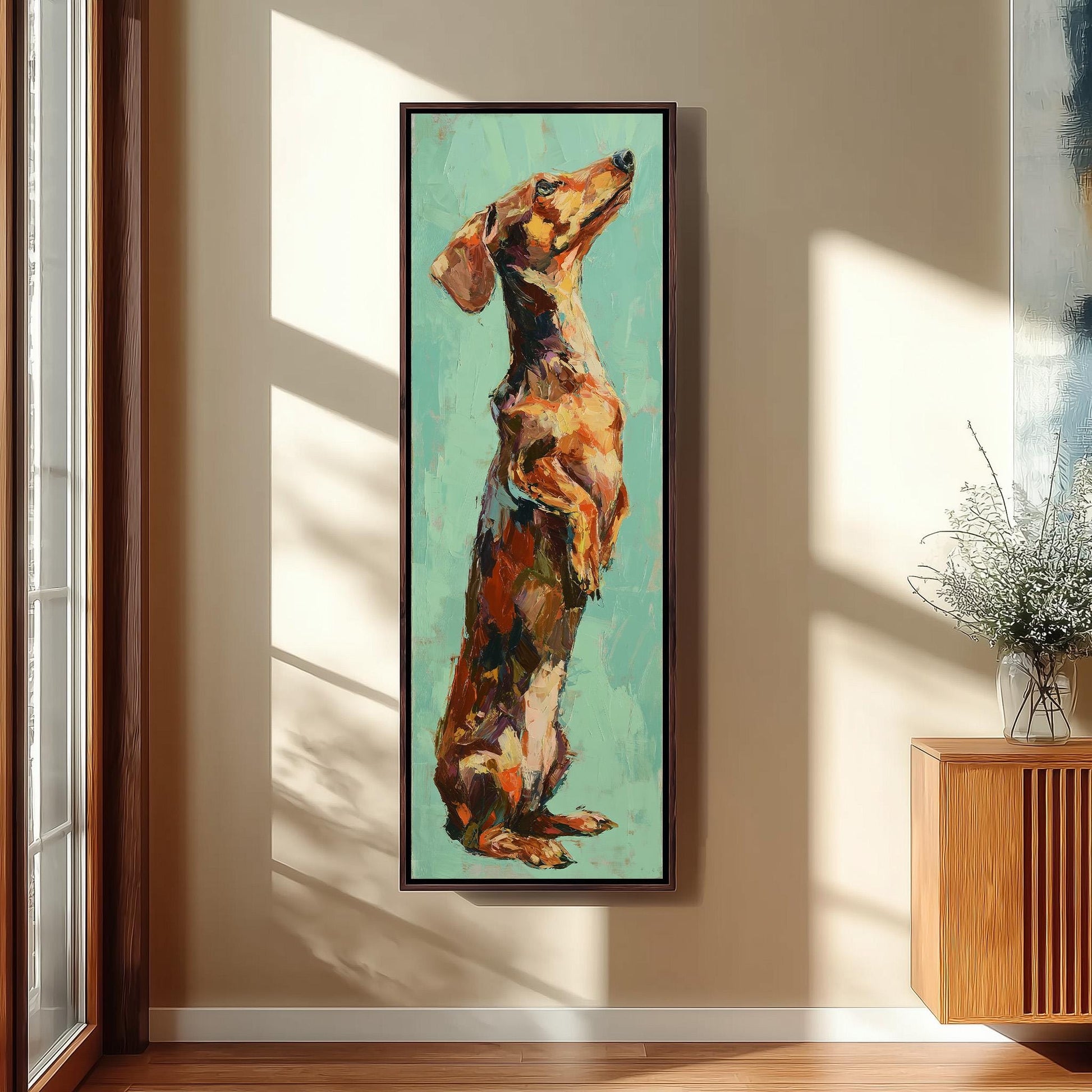 a large, colorful painting of a dog standing on its hind legs, with a vibrant background and a lively expression.
