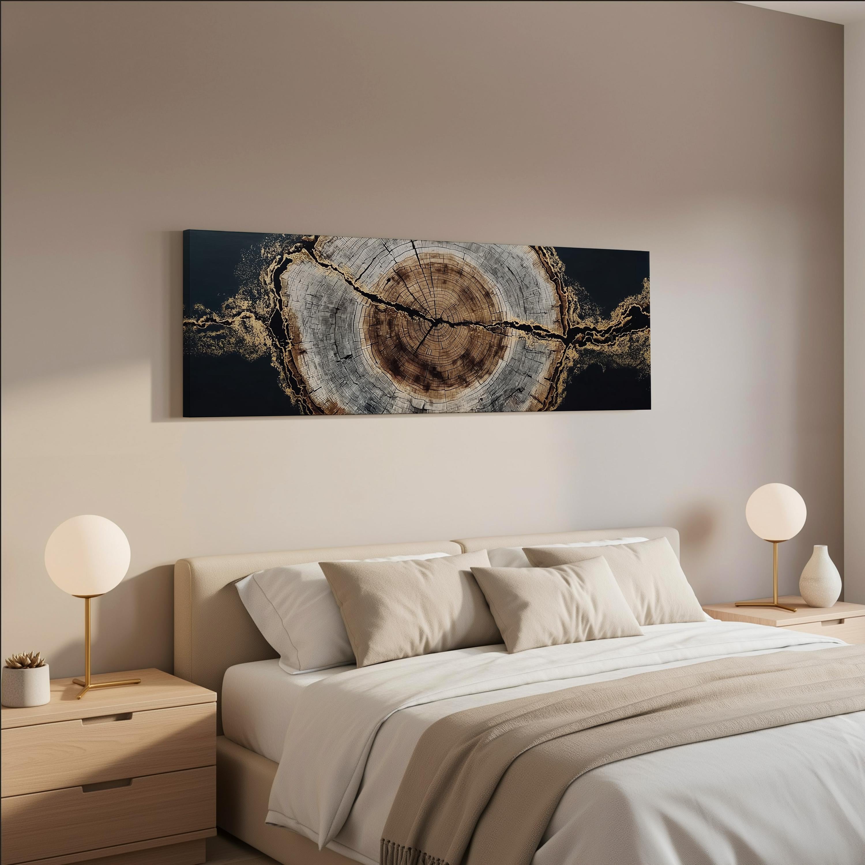 a modern bedroom with a large bed, wooden nightstands, and a striking artwork featuring a tree trunk design in black and gold.