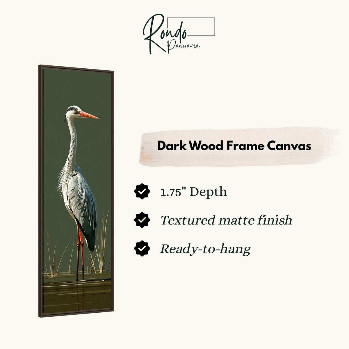 Grey heron standing on olive green canvas print in a dark wood floating frame