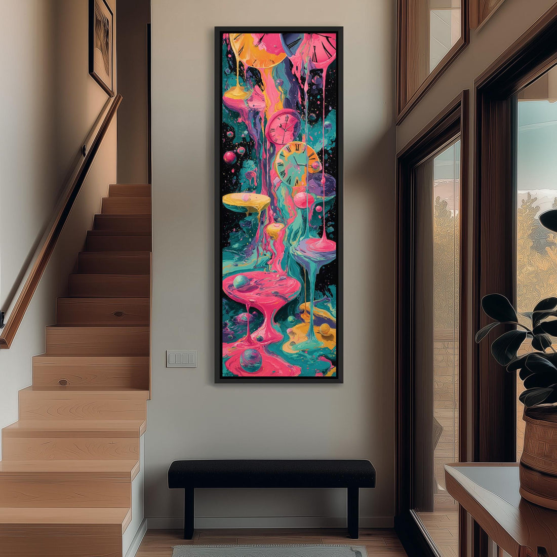 a vibrant, abstract painting hanging on a wall, depicting a surreal and colorful scene with various shapes, colors, and elements.