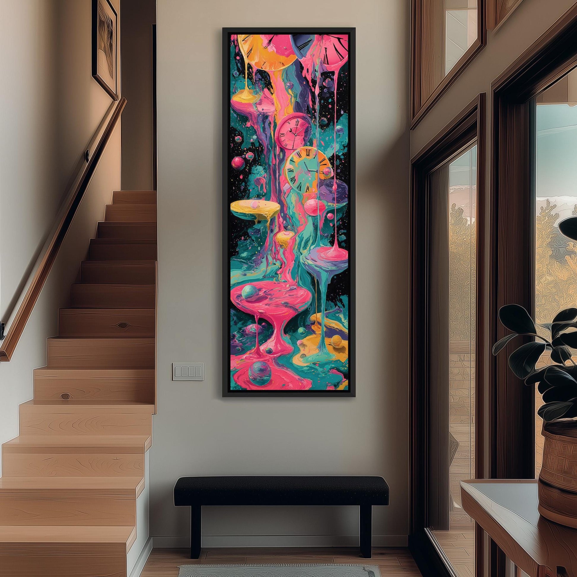 a vibrant, colorful painting hanging on a wall in a hallway. The painting depicts a surreal, dreamlike scene with various abstract shapes and colors, including a clock and other whimsical elements. The artwork is framed and appears to be a focal point in the space.