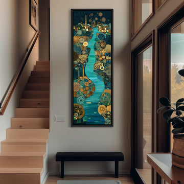 a large, colorful painting hanging on the wall of a hallway. The painting depicts a serene landscape with a winding river and a cityscape in the background. The hallway has wooden stairs leading up to the painting, and a black bench is situated in front of the painting.