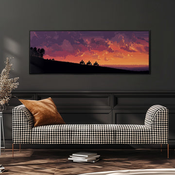 a large black and white checkered sofa with a brown throw pillow, set against a dark wall with a framed landscape painting depicting a sunset over a hill.
