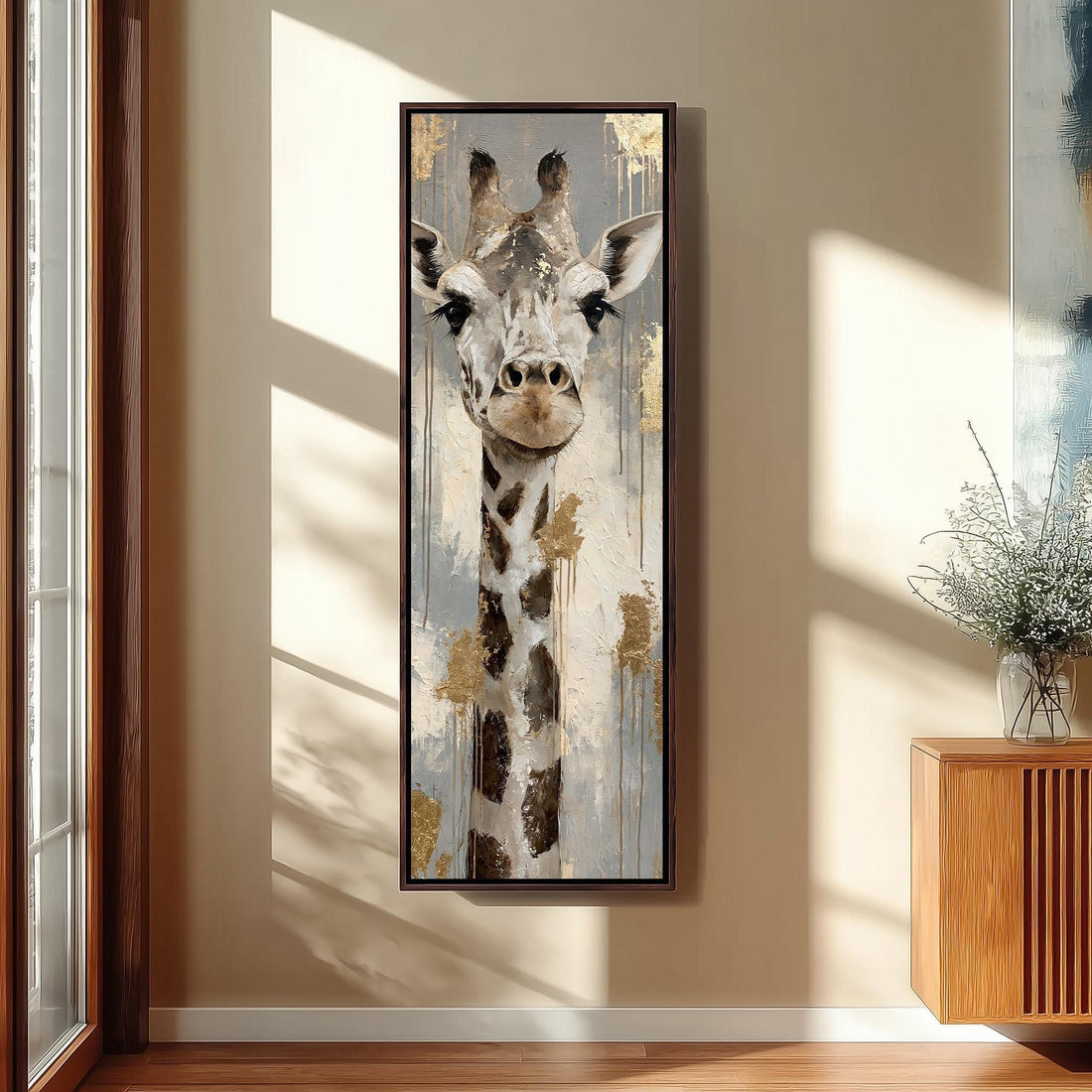Giraffe portrait with gold leaf accents long vertical canvas print in a sunlit living space