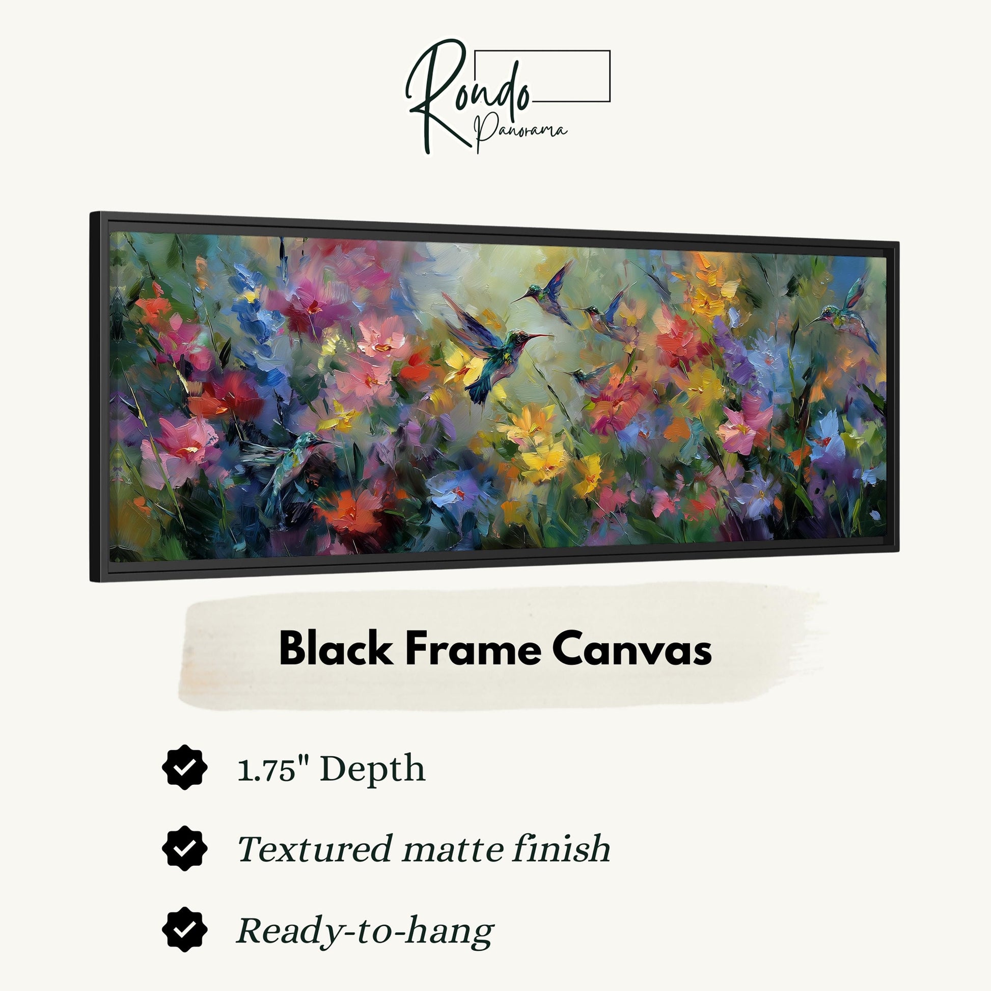 The image is a black frame canvas featuring a vibrant painting of colorful flowers and hummingbirds.