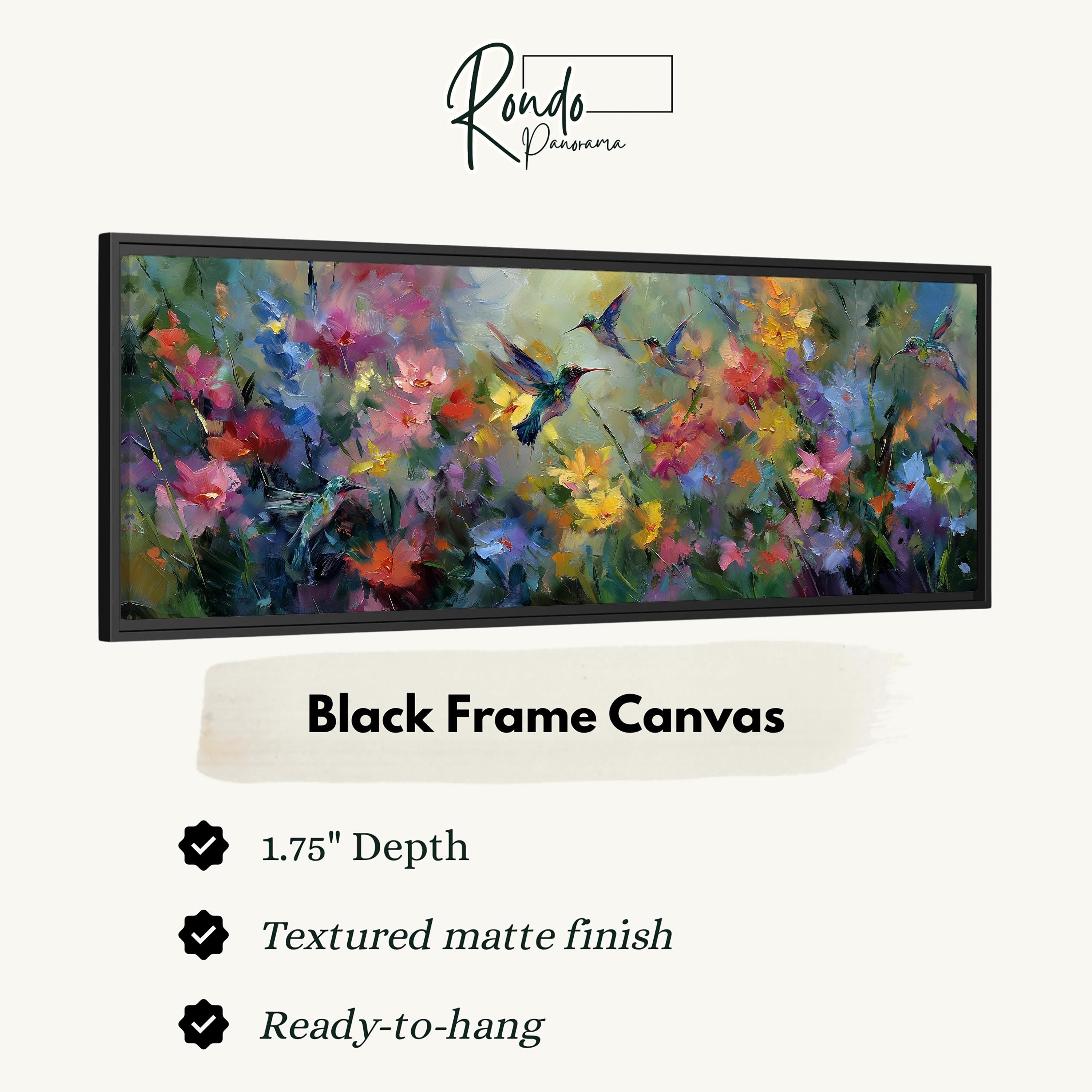 The image is a black frame canvas featuring a vibrant painting of colorful flowers and hummingbirds.