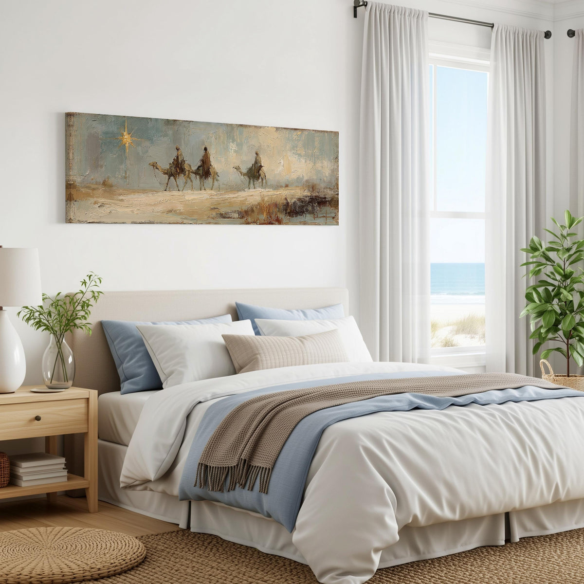 Wise men on camels following the star panoramic canvas print above a bed in a coastal bedroom