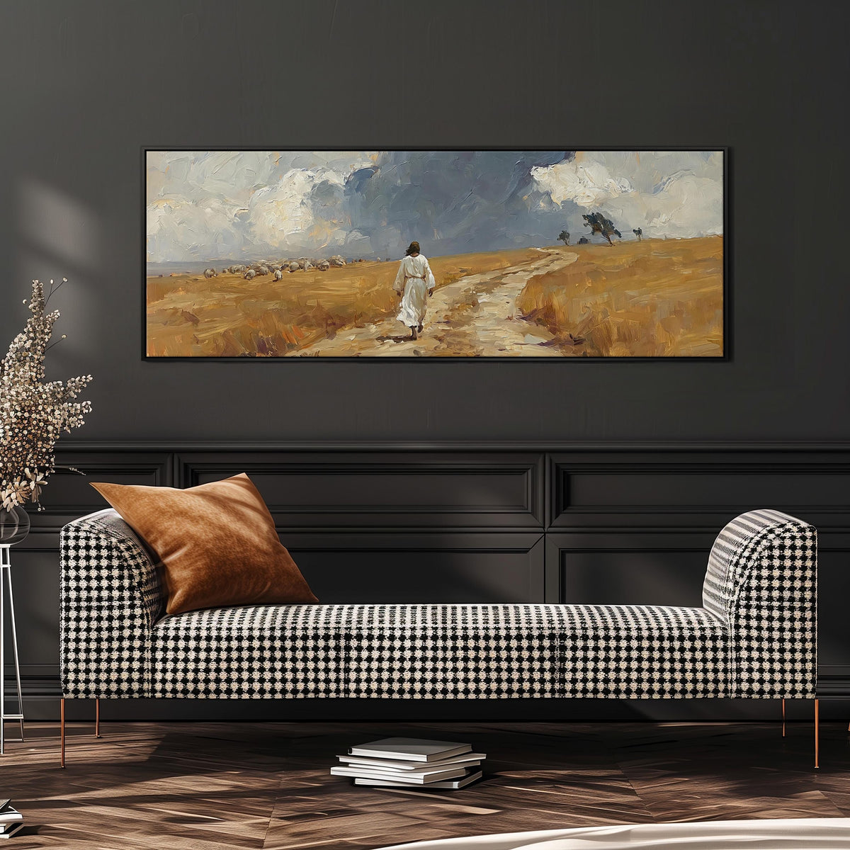 Jesus walking a field path with grazing sheep wide panoramic canvas print above a bench in a dark living room