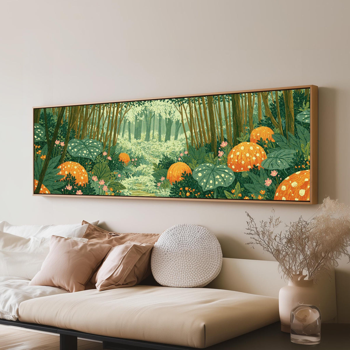 Amber mushroom forest panoramic canvas print above a sofa in a living room