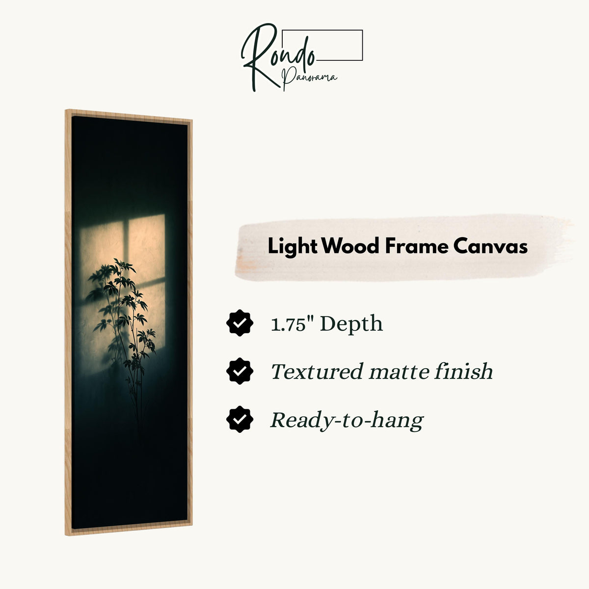 Plant silhouette in a beam of window light canvas print in a light wood floating frame