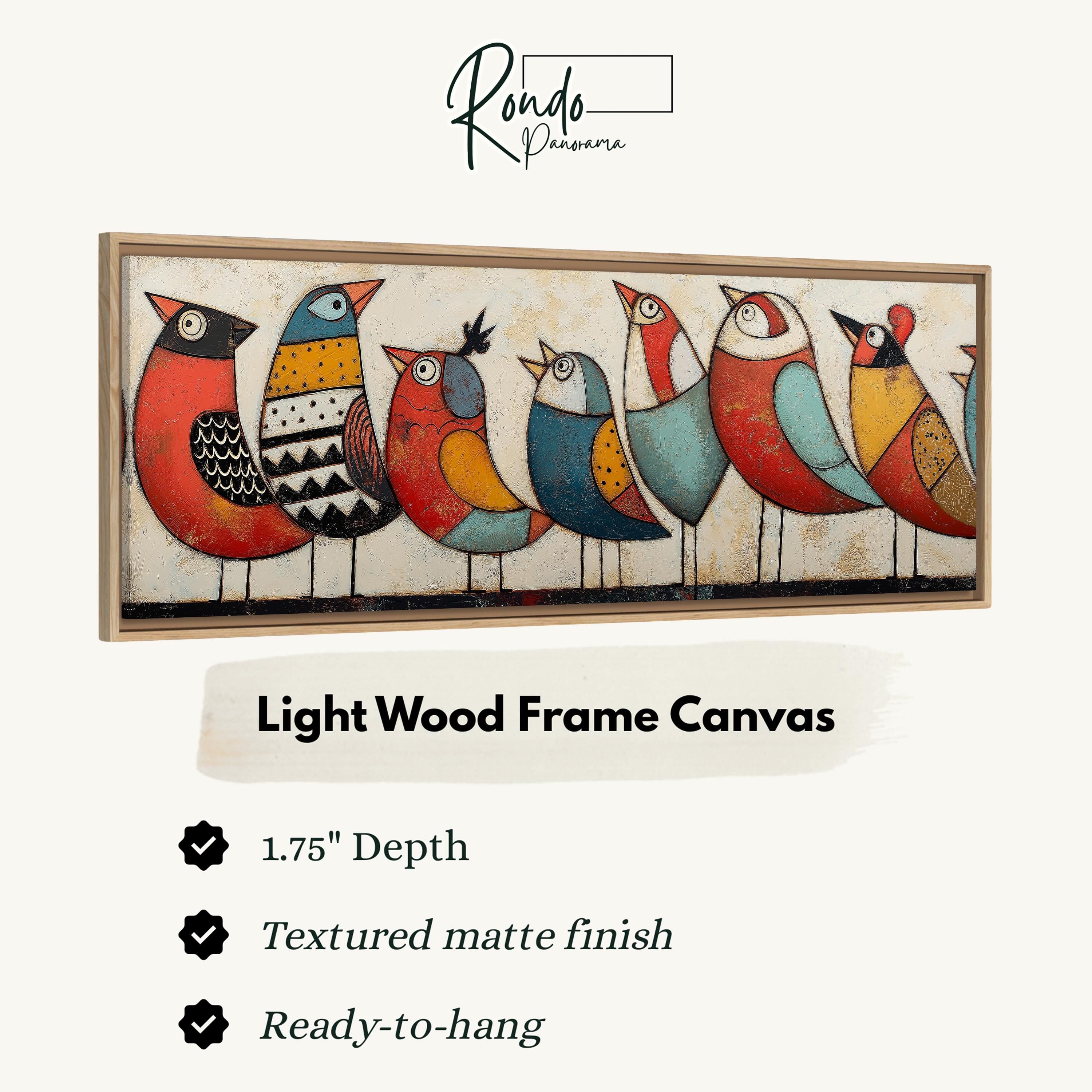 a light wood frame canvas with a variety of colorful birds depicted on it.