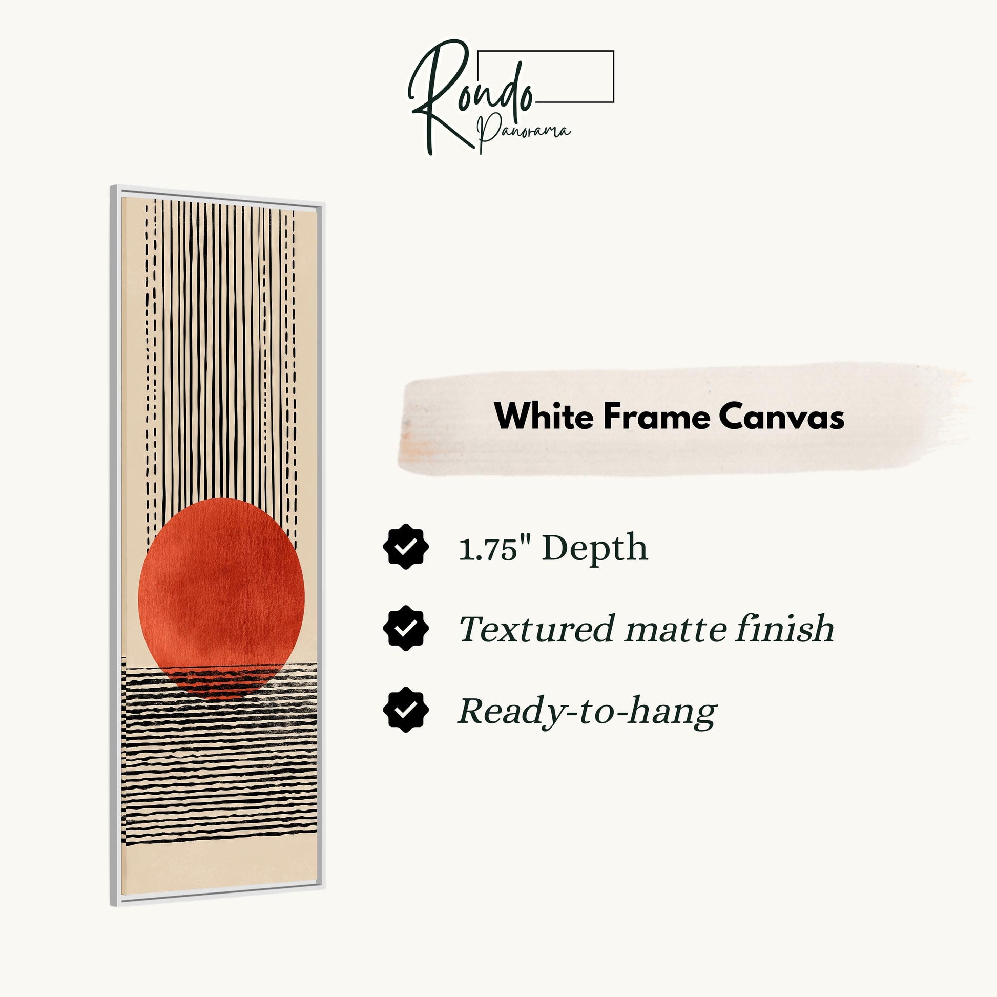 The image is a white frame canvas with a black and white abstract design featuring a red circle and horizontal lines.