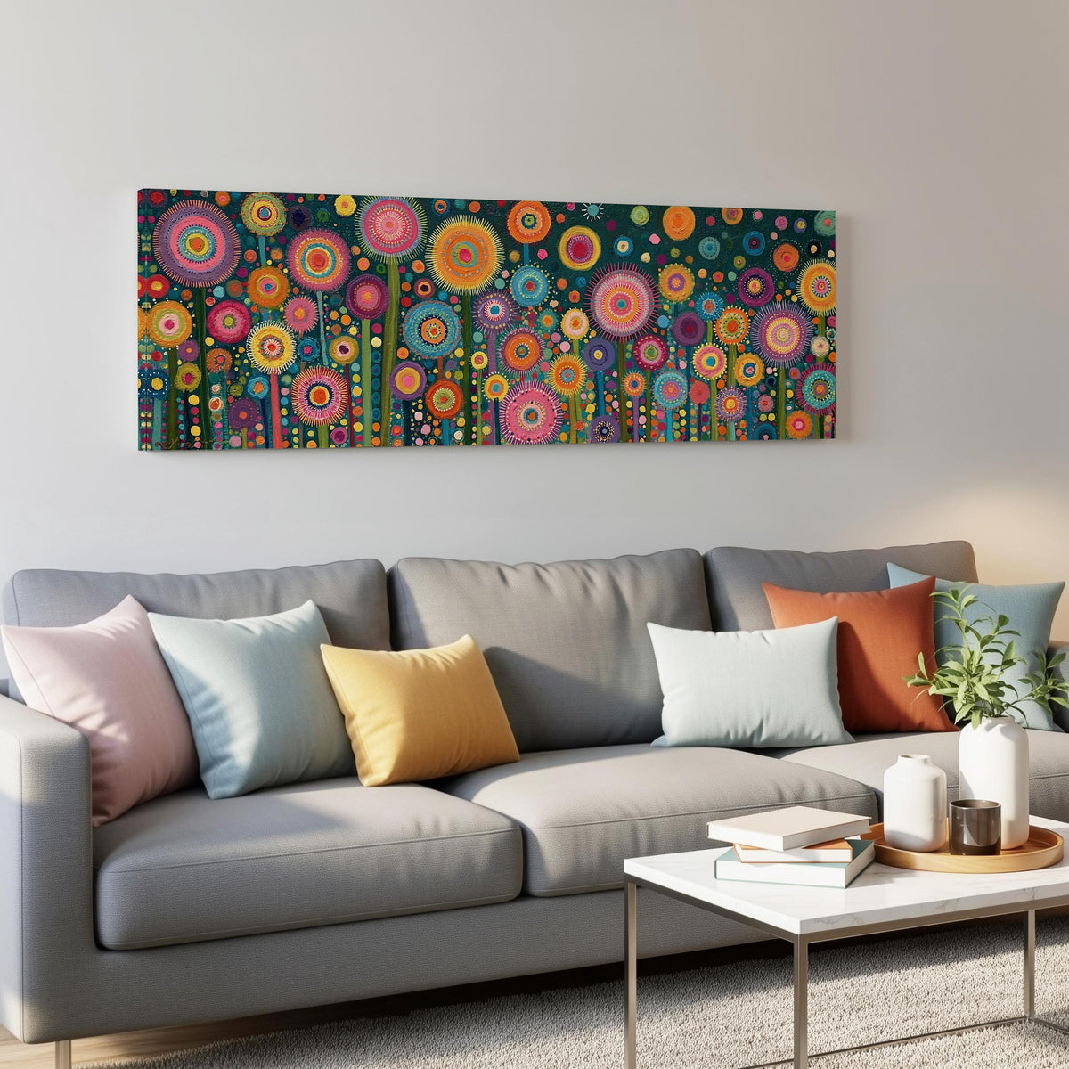Circle flower garden on teal panoramic canvas print above a grey sofa in a living room