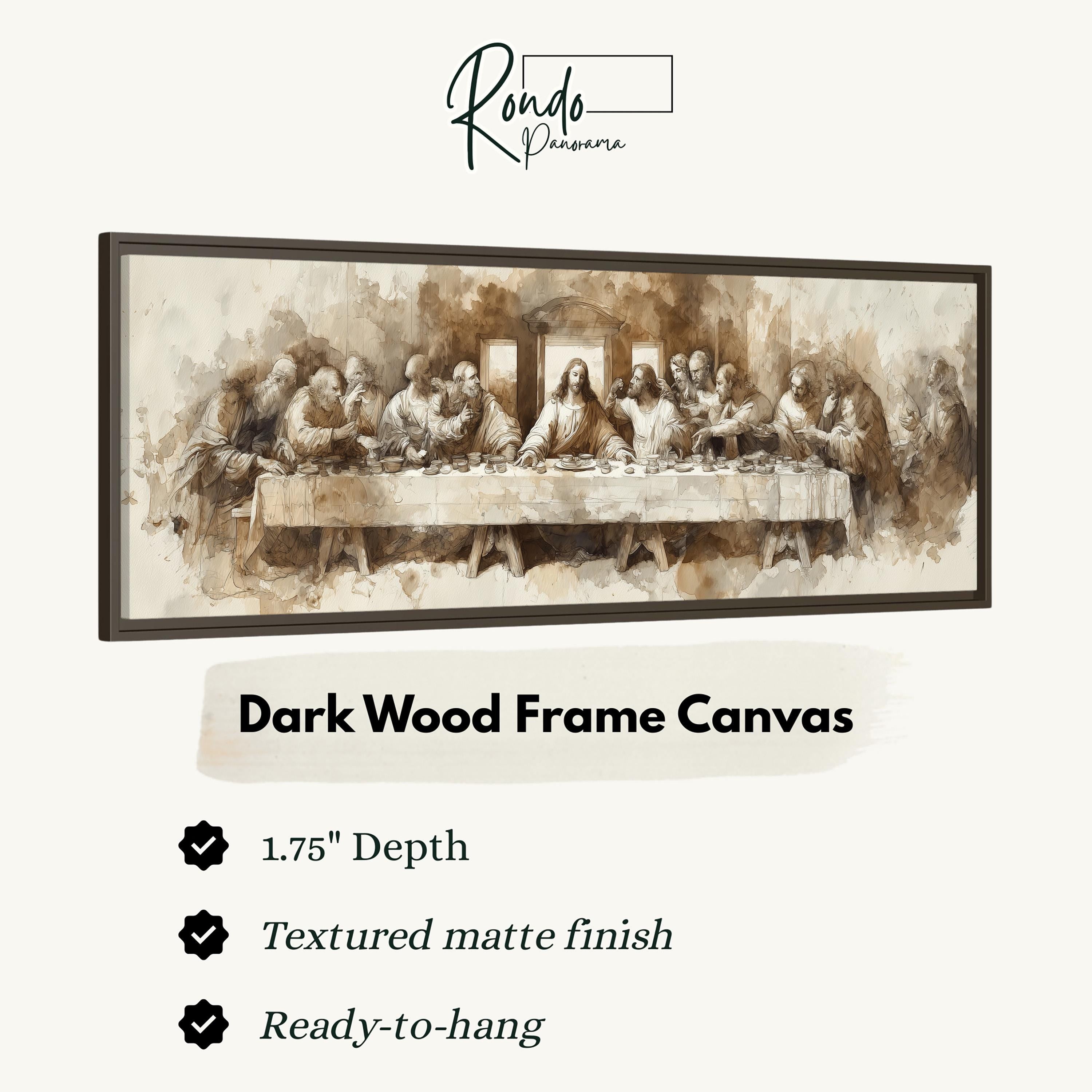 The image is a dark wood frame canvas depicting the Last Supper, a famous painting by Leonardo da Vinci.