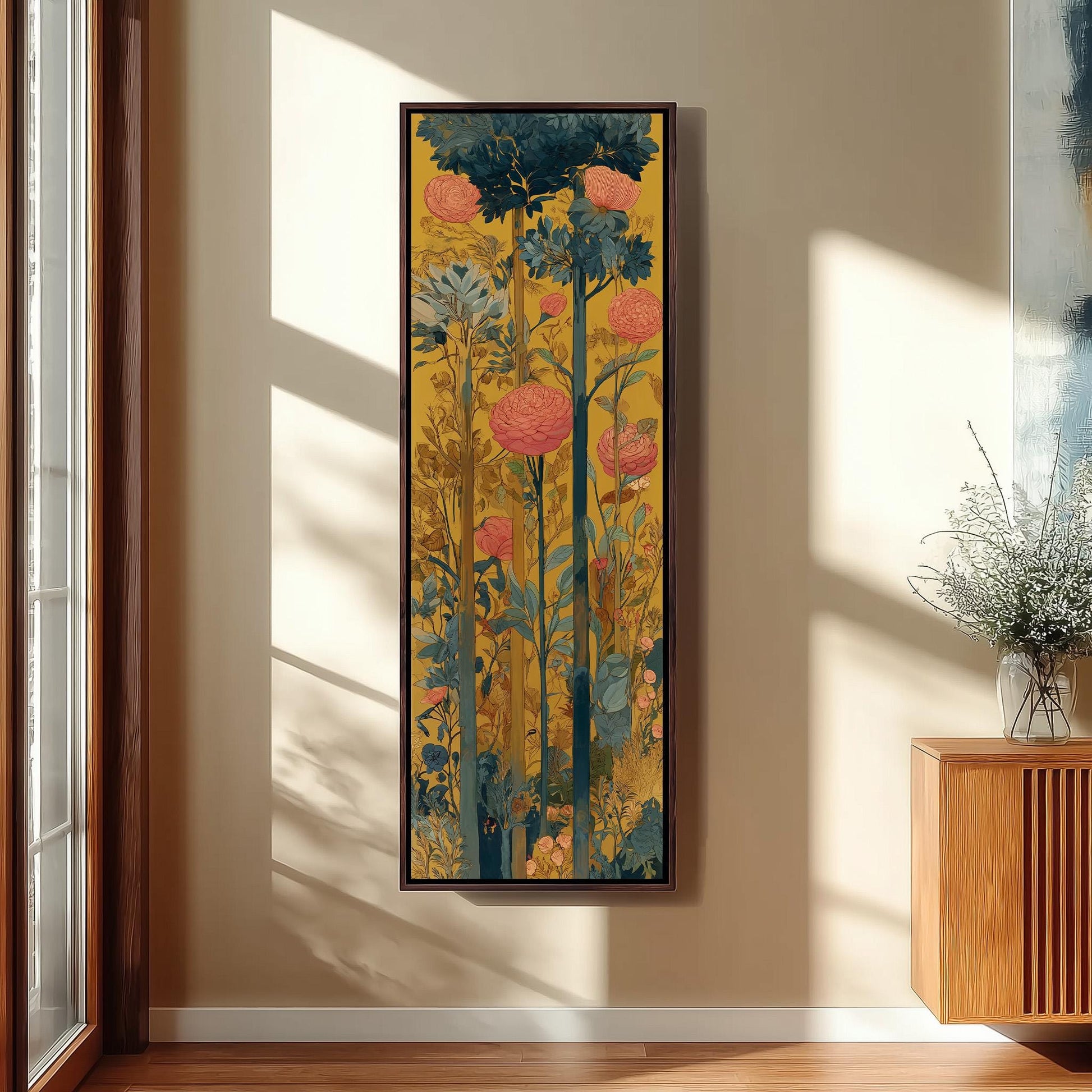 a large, colorful painting of flowers hanging on a wall in a room with a wooden cabinet below it.