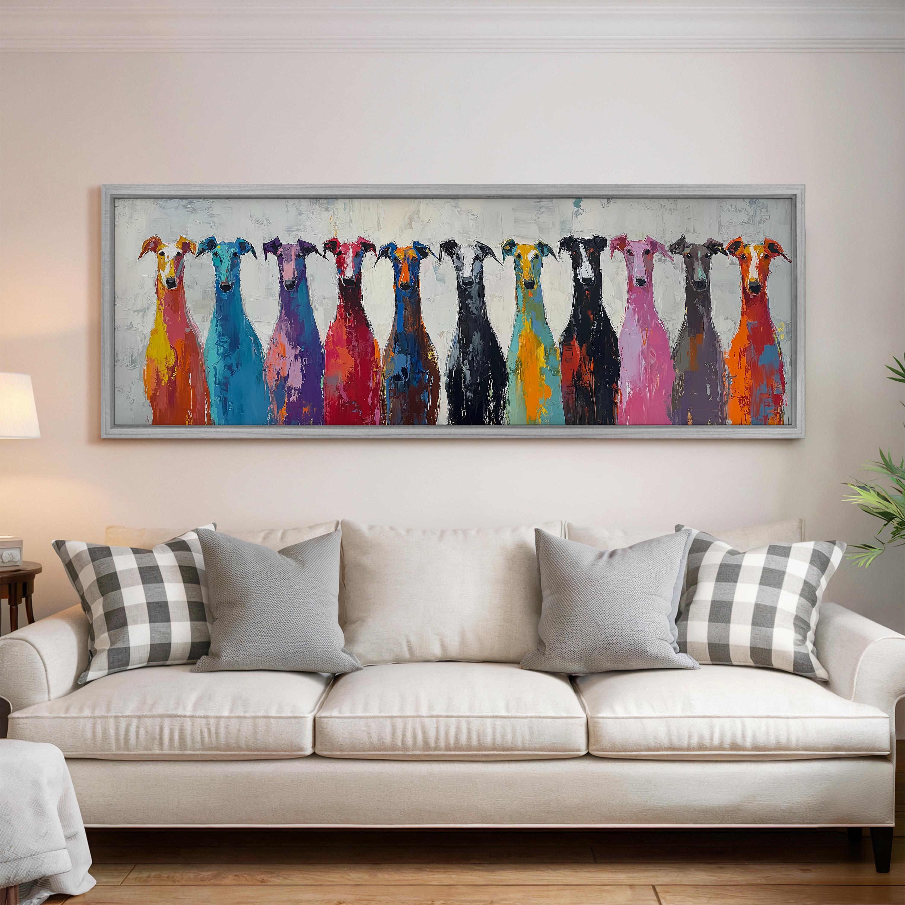 a large, colorful painting of nine dogs of various breeds and colors, arranged in a row and displayed on a wall above a white couch.