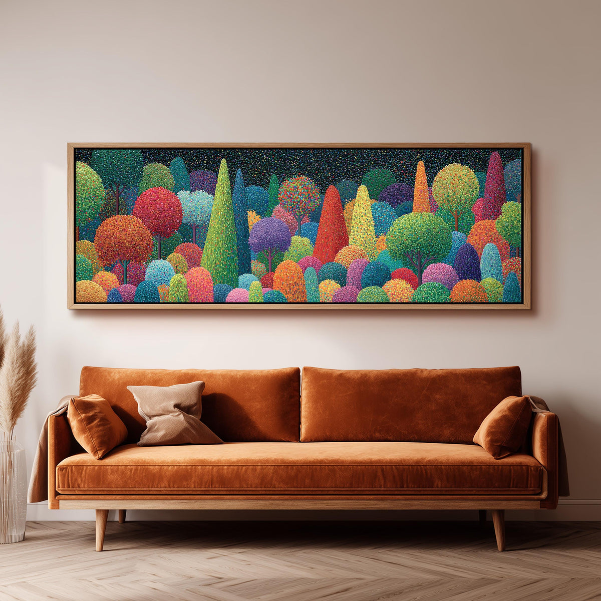Whimsical rainbow pointillist forest panoramic canvas print above a sofa in a living room