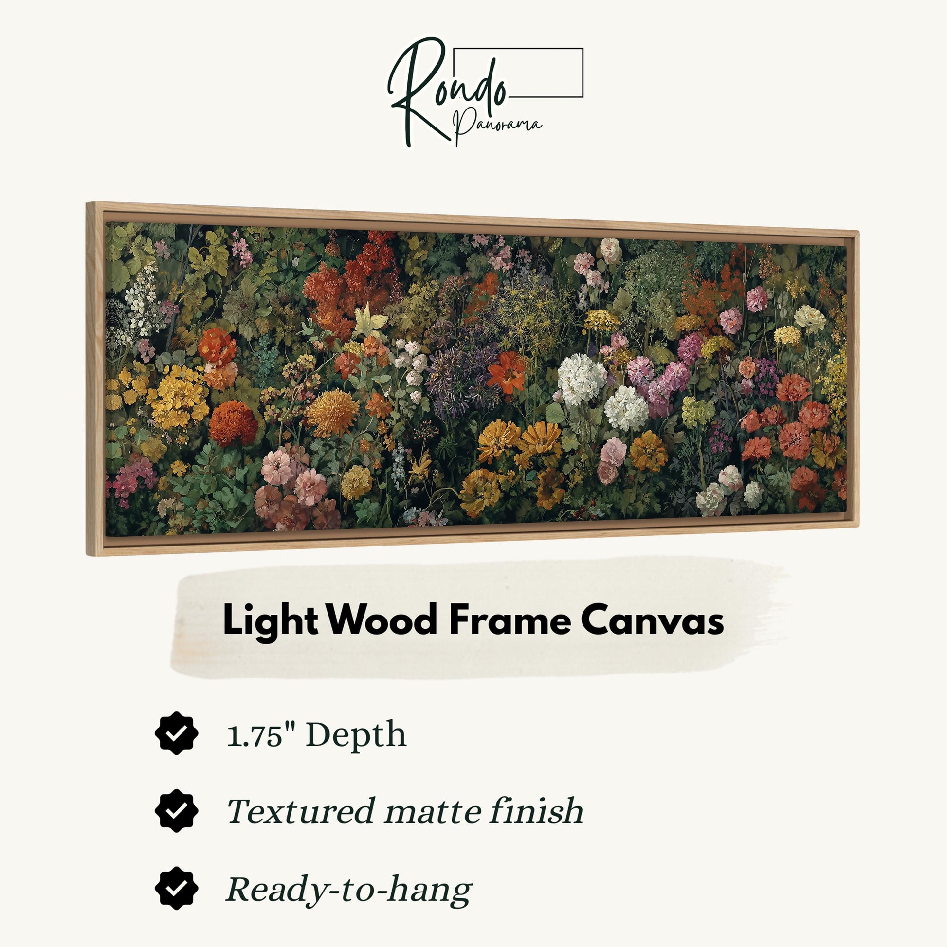 The image is a framed artwork depicting a lush, colorful garden with various flowers and foliage.