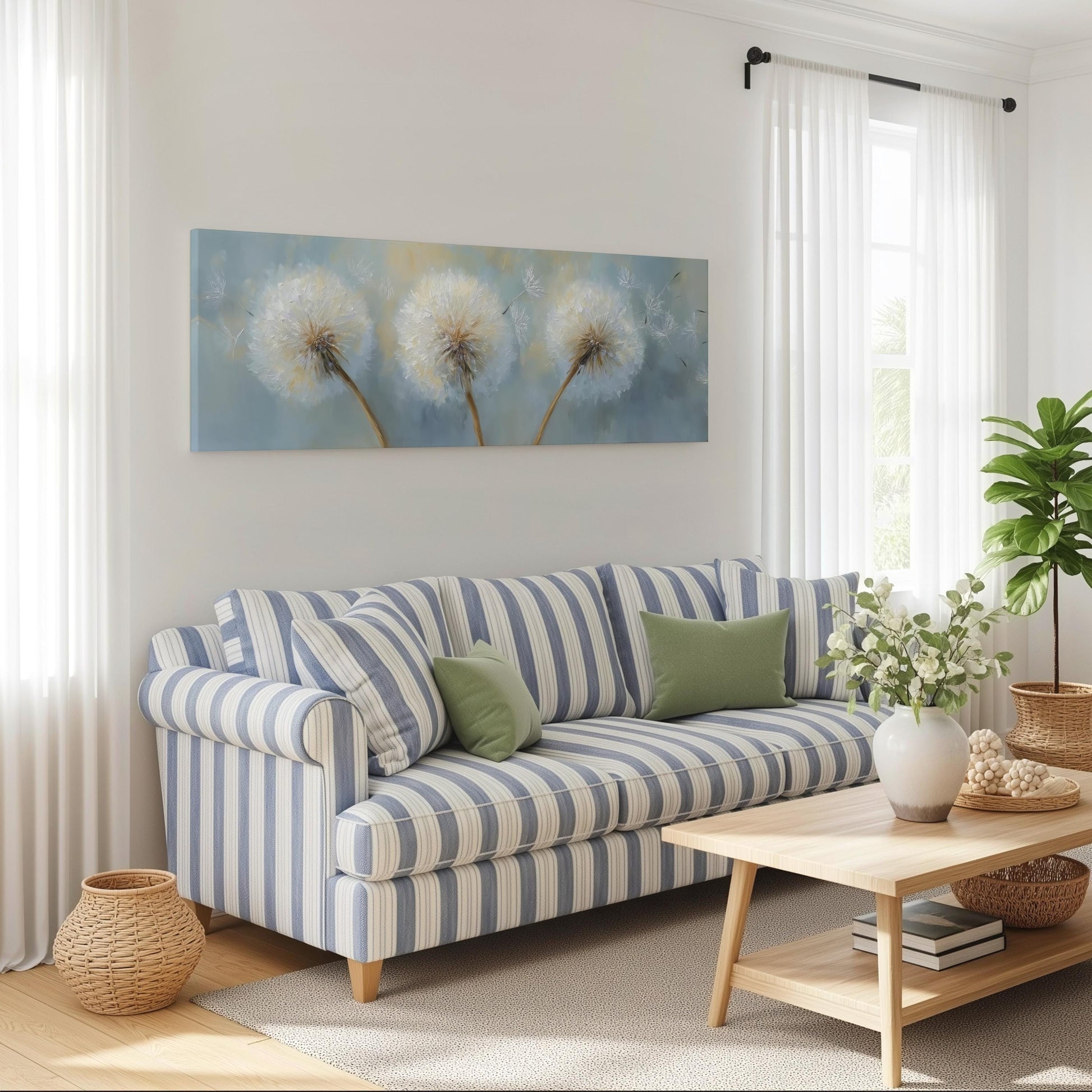 a cozy living room with a striped blue and white sofa, a wooden coffee table, and a large painting of dandelions on the wall.