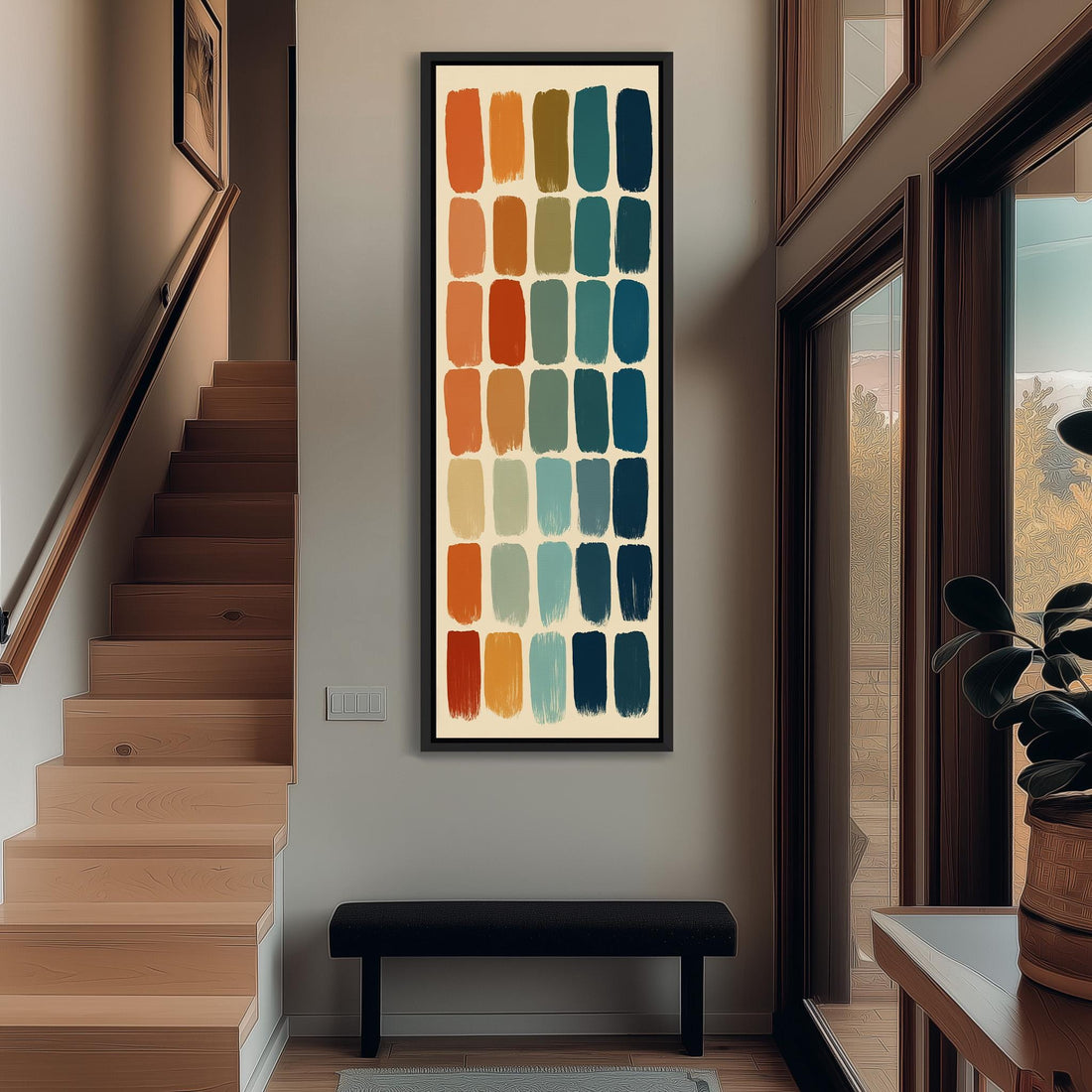 a modern living room with a large abstract painting hanging on the wall, a wooden chair, a small table, and a window with a plant on the sill.